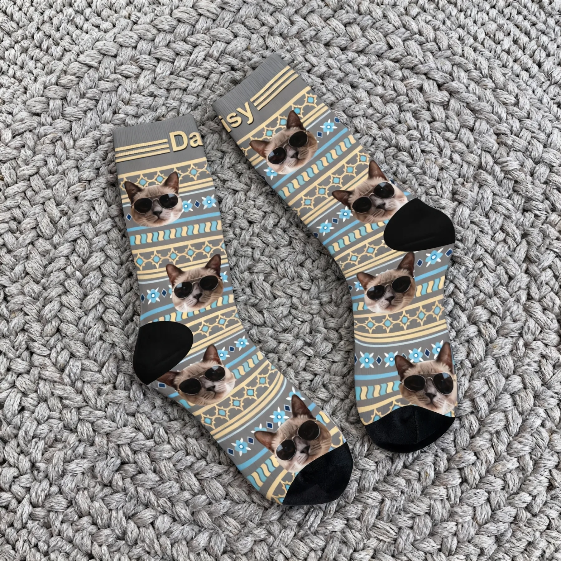 Custom Pet Face Retro Geometric Striped Vintage Fair Isle Style Socks