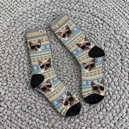Custom Pet Face Retro Geometric Striped Vintage Fair Isle Style Socks