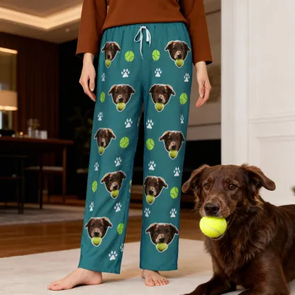 Custom Pet Face Tennis Pattern Flannel Pajama Pants