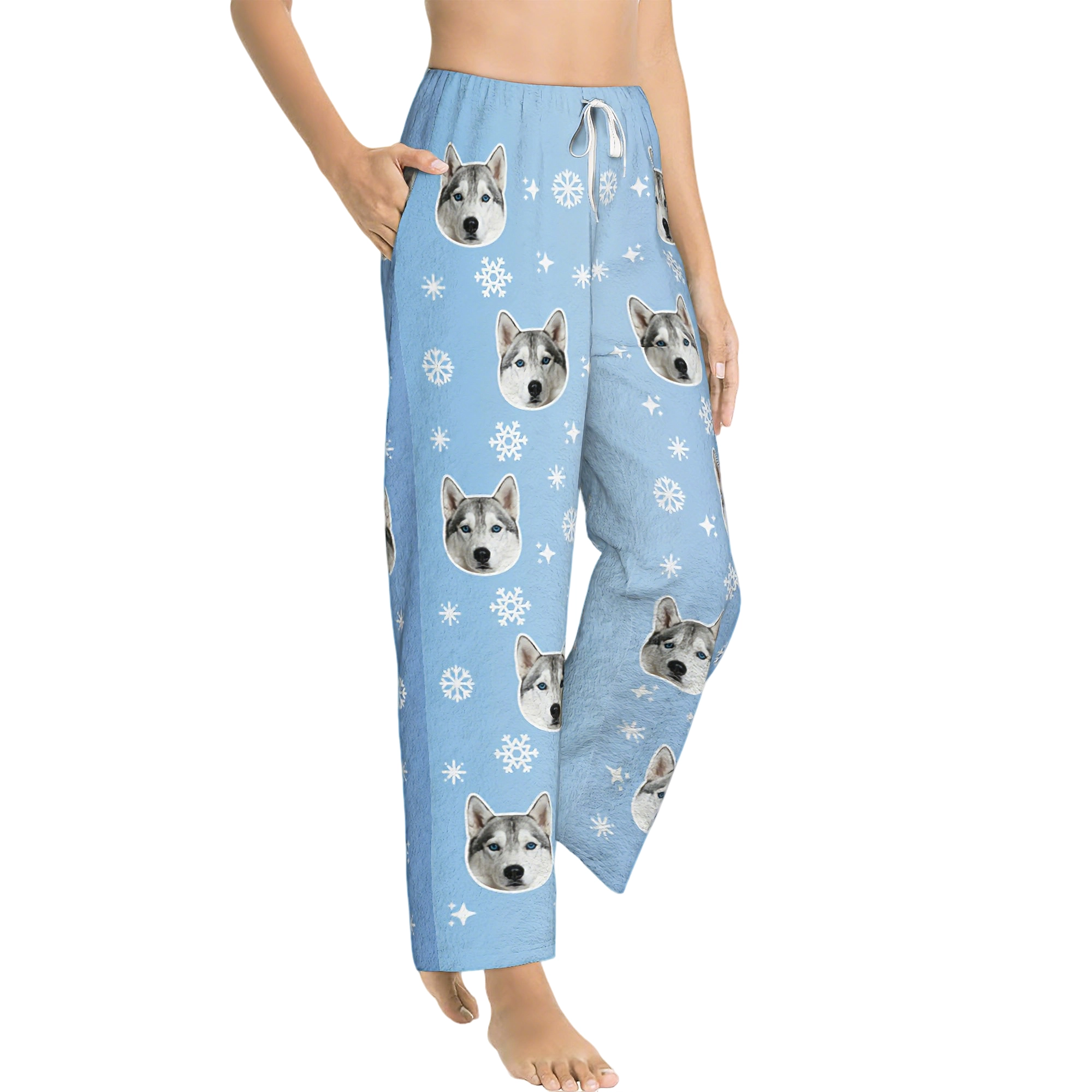 Custom Pet Face Snowflake Pattern Flannel Pajama Pants