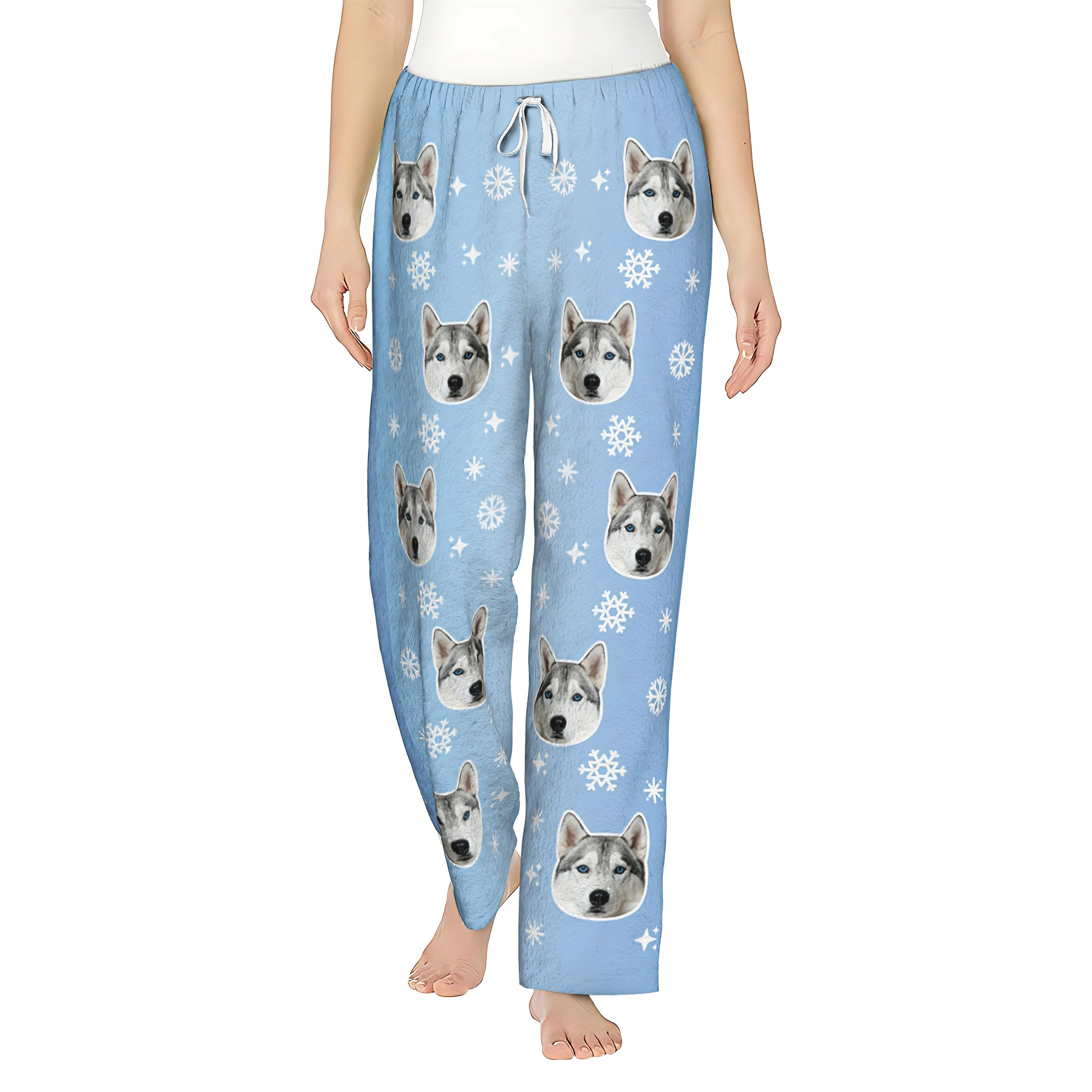 Custom Pet Face Snowflake Pattern Flannel Pajama Pants