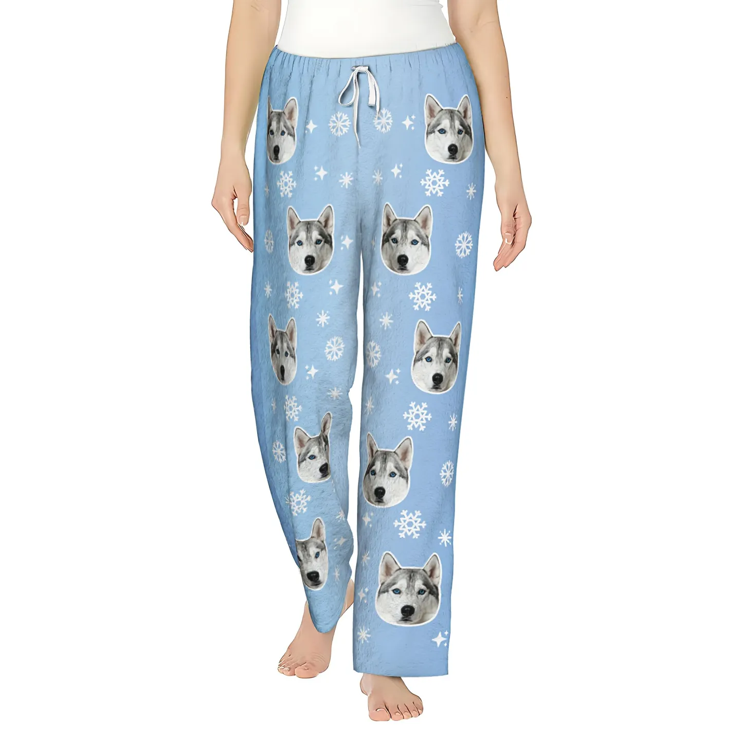 Custom Pet Face Snowflake Pattern Flannel Pajama Pants