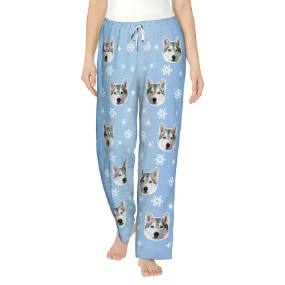 Custom Pet Face Snowflake Pattern Flannel Pajama Pants