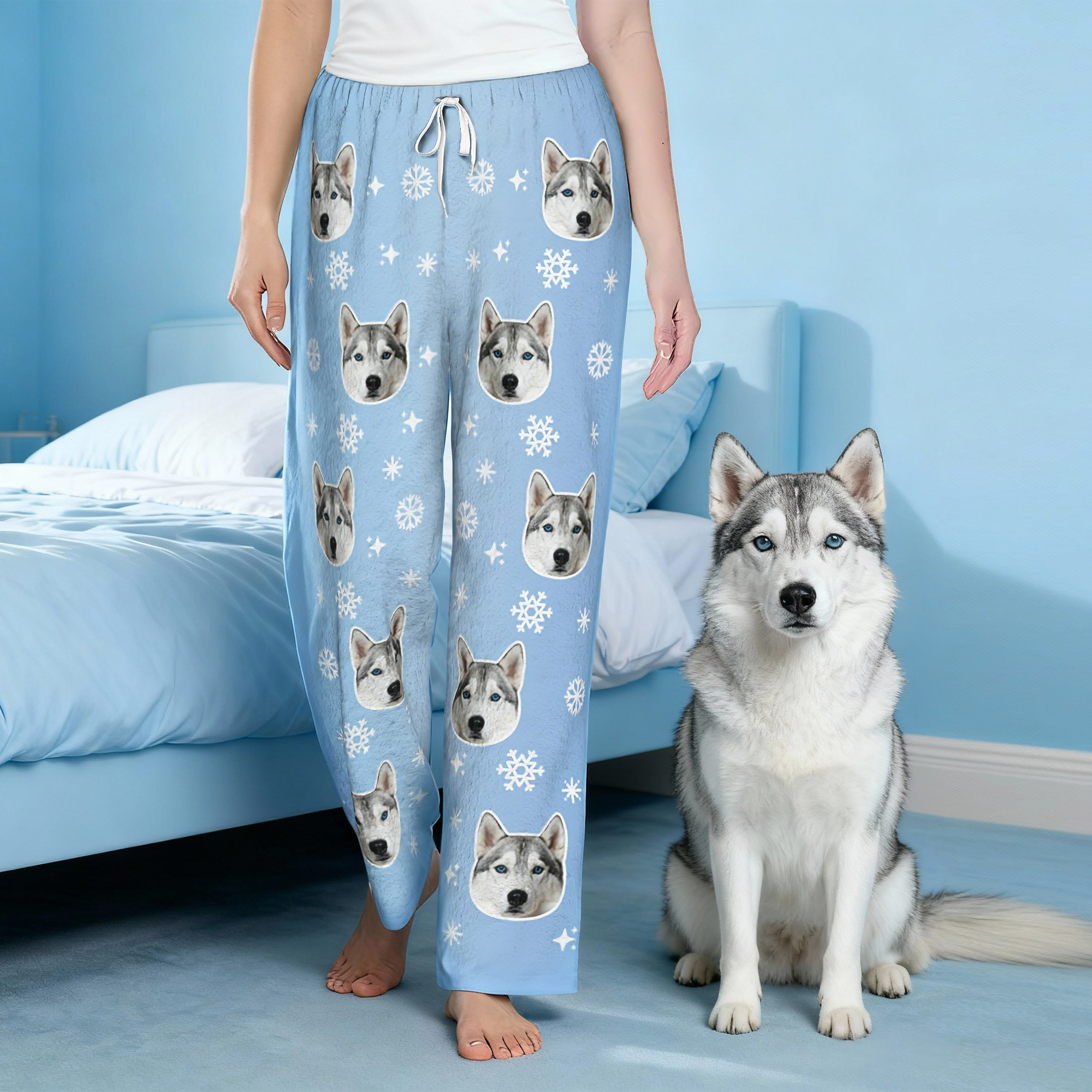 Custom Pet Face Snowflake Pattern Flannel Pajama Pants
