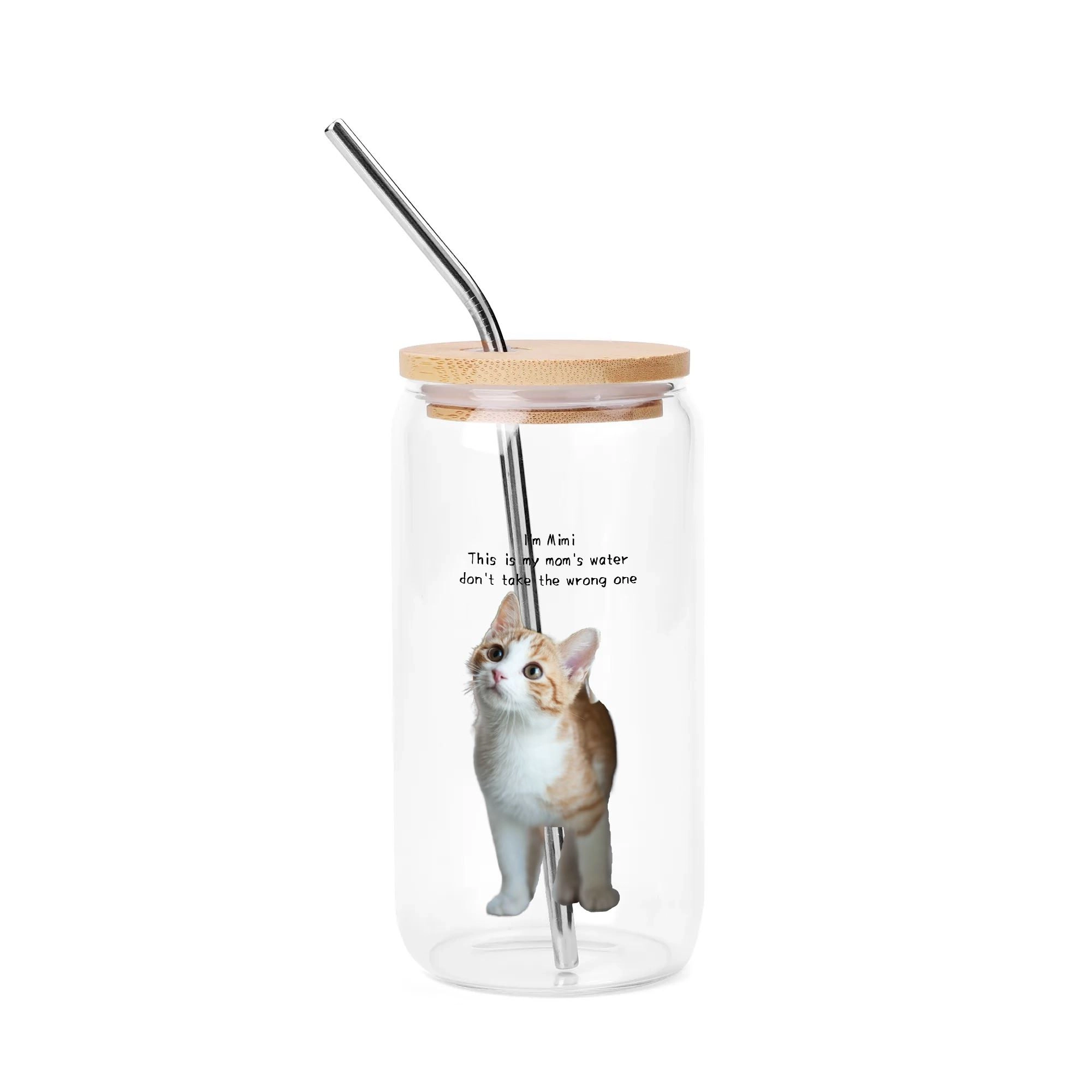 Cute Cat Dog Pet Photo Glass Cup with Bamboo Lid & Straw