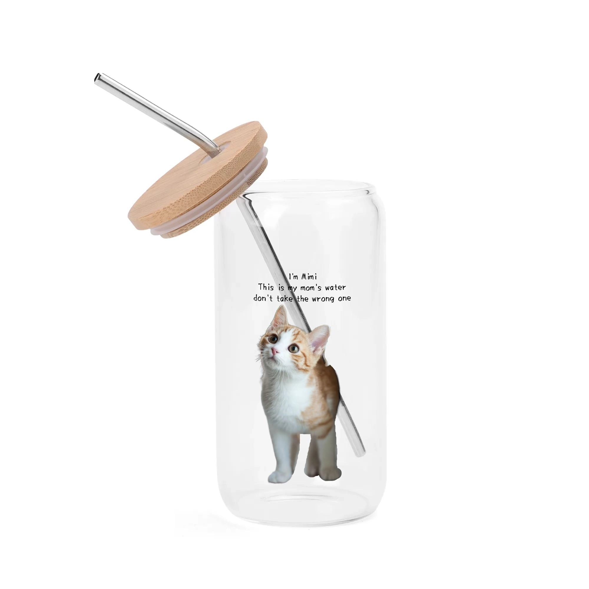 Cute Cat Dog Pet Photo Glass Cup with Bamboo Lid & Straw