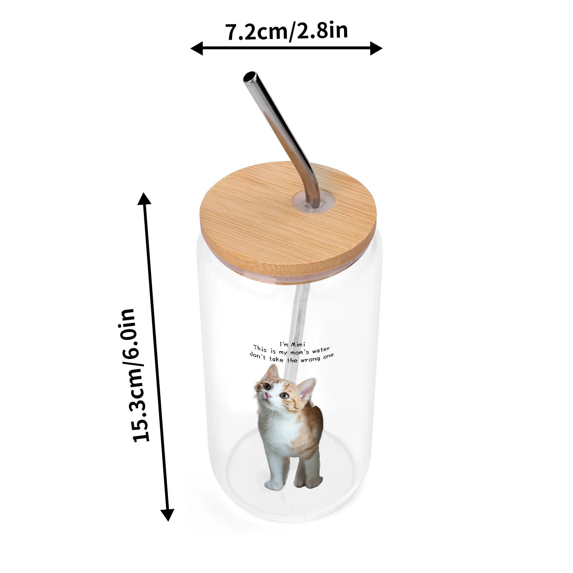 Cute Cat Dog Pet Photo Glass Cup with Bamboo Lid & Straw