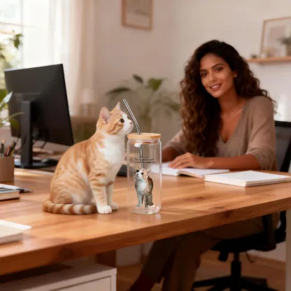 Cute Cat Dog Pet Photo Glass Cup with Bamboo Lid & Straw