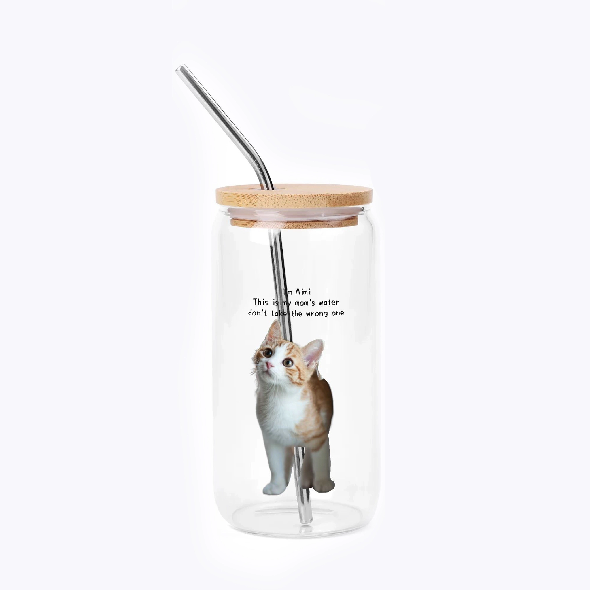 Cute Cat Dog Pet Photo Glass Cup with Bamboo Lid & Straw