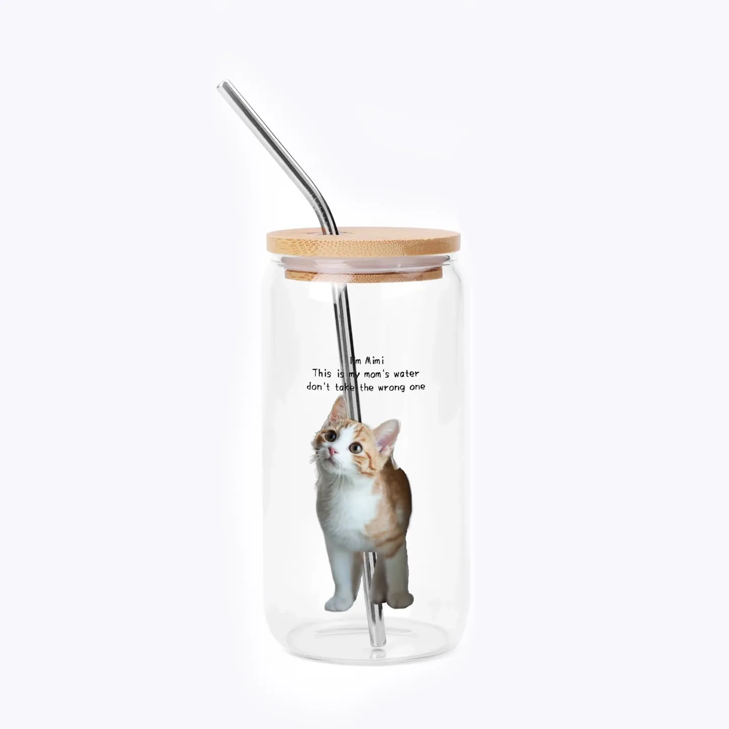Cute Cat Dog Pet Photo Glass Cup with Bamboo Lid & Straw