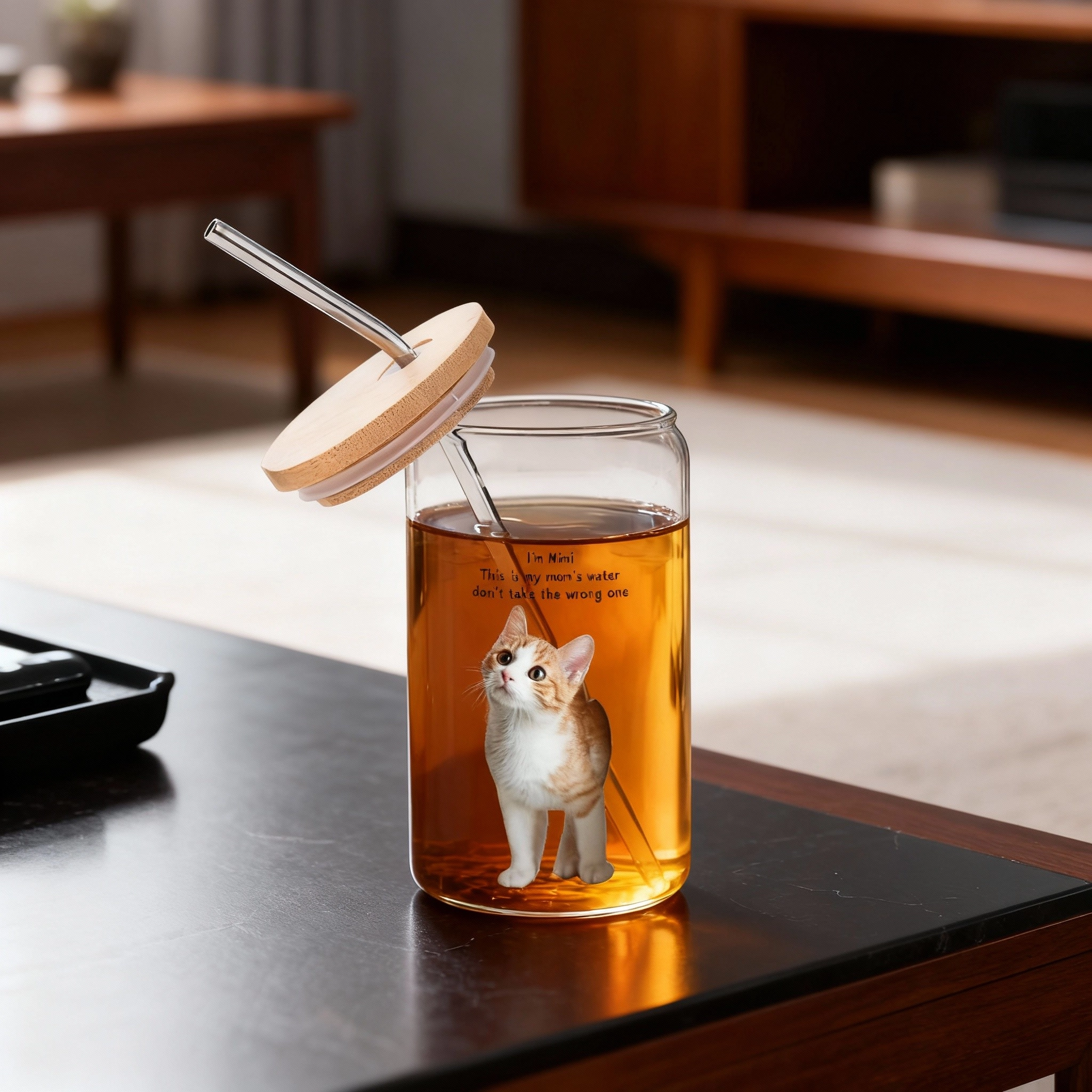 Cute Cat Dog Pet Photo Glass Cup with Bamboo Lid & Straw