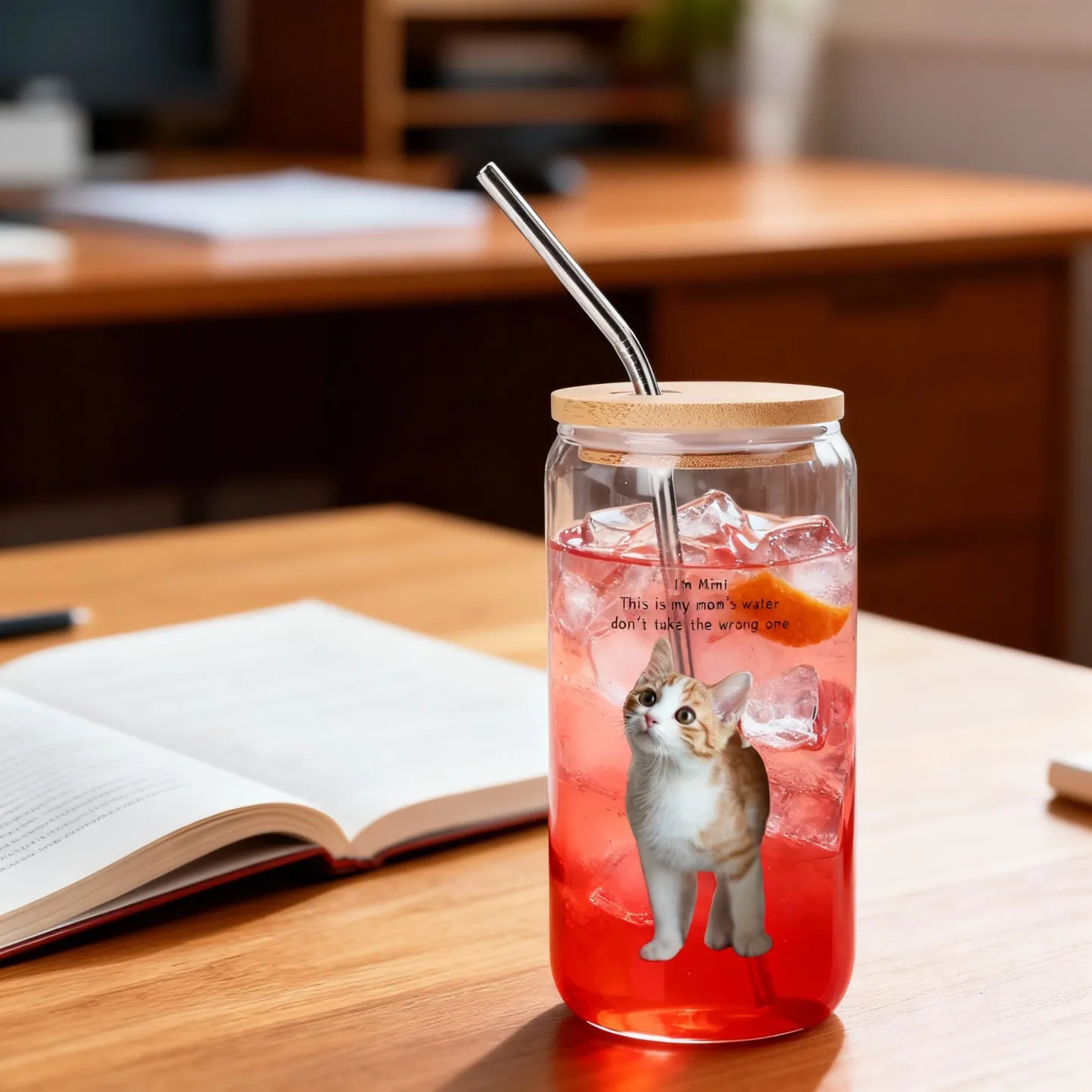 Cute Cat Dog Pet Photo Glass Cup with Bamboo Lid & Straw