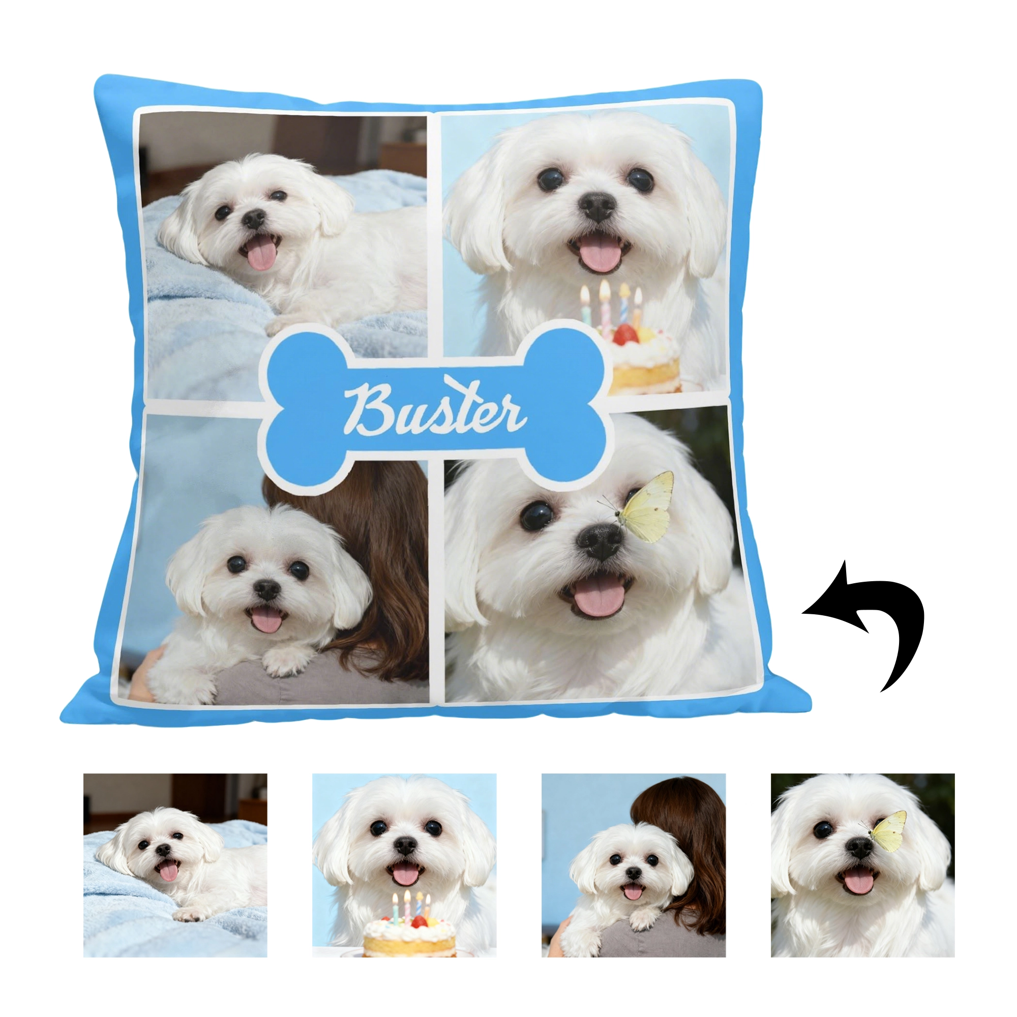 Custom 4-Grid Collage Pet Photo Throw Pillow with Name