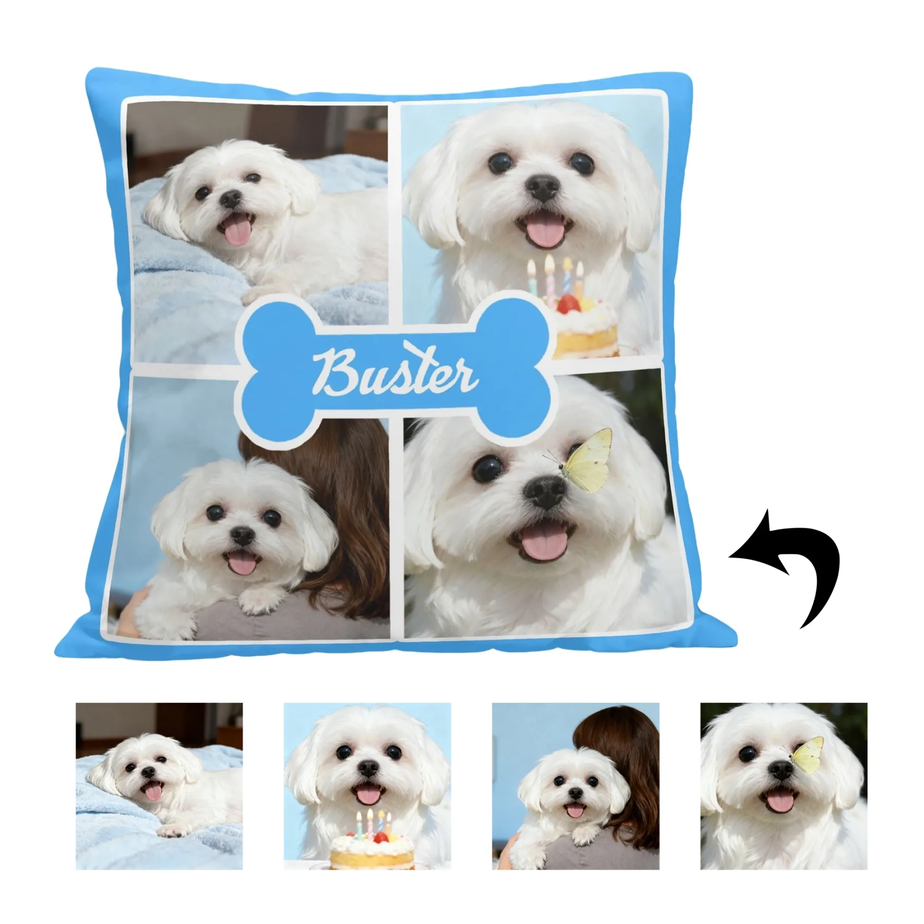 Custom 4-Grid Collage Pet Photo Throw Pillow with Name