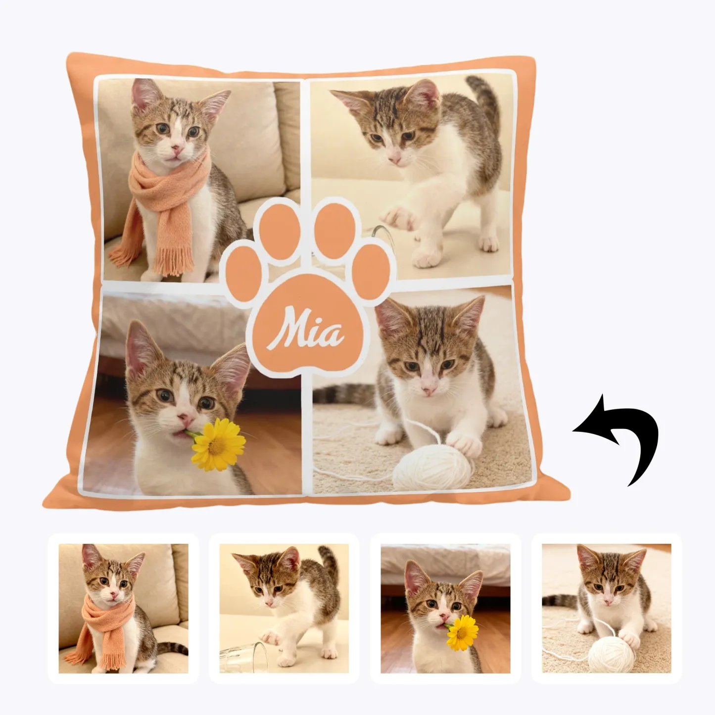 Custom 4-Grid Collage Pet Photo Throw Pillow with Name