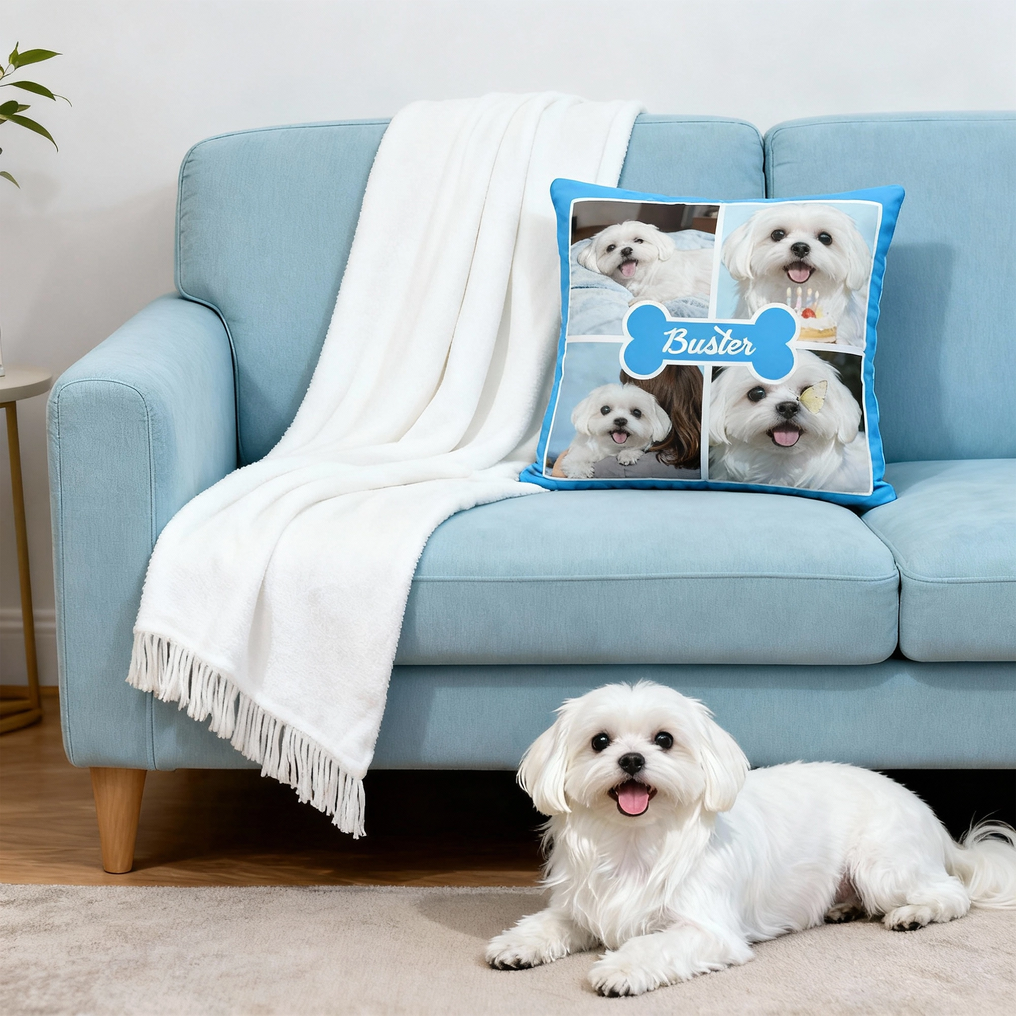 Custom 4-Grid Collage Pet Photo Throw Pillow with Name