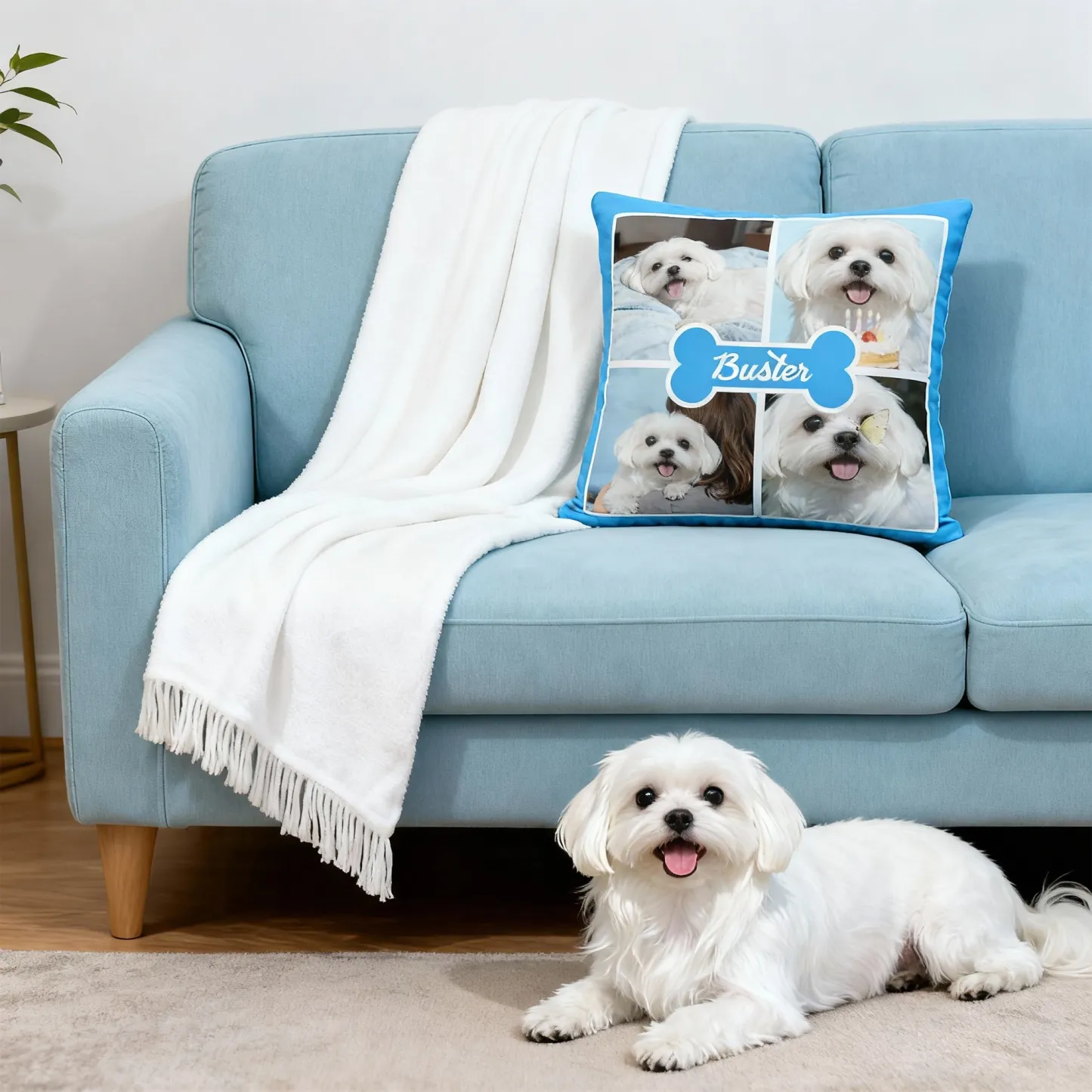 Custom 4-Grid Collage Pet Photo Throw Pillow with Name