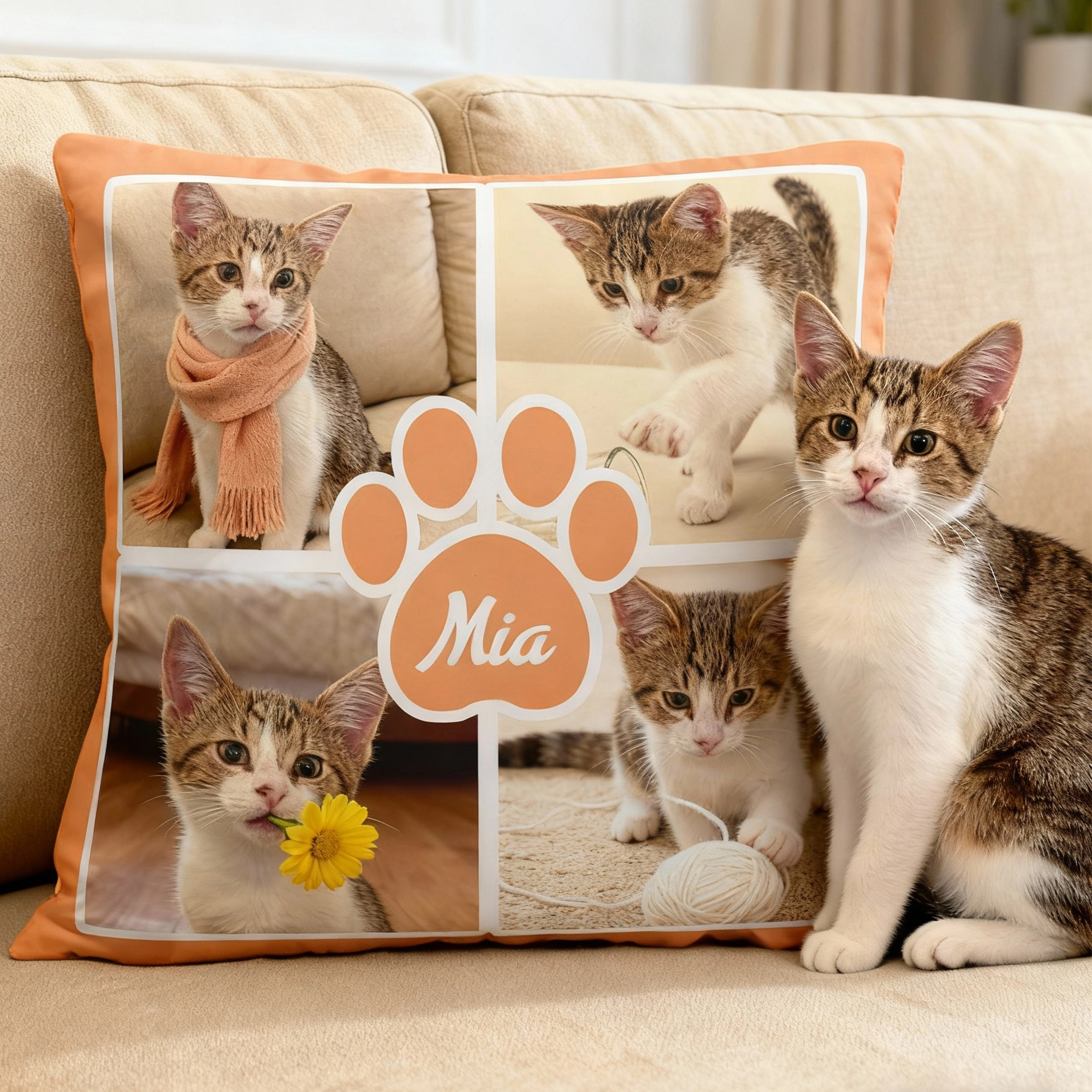 Custom 4-Grid Collage Pet Photo Throw Pillow with Name