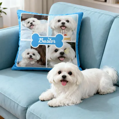 Custom 4-Grid Collage Pet Photo Throw Pillow with Name