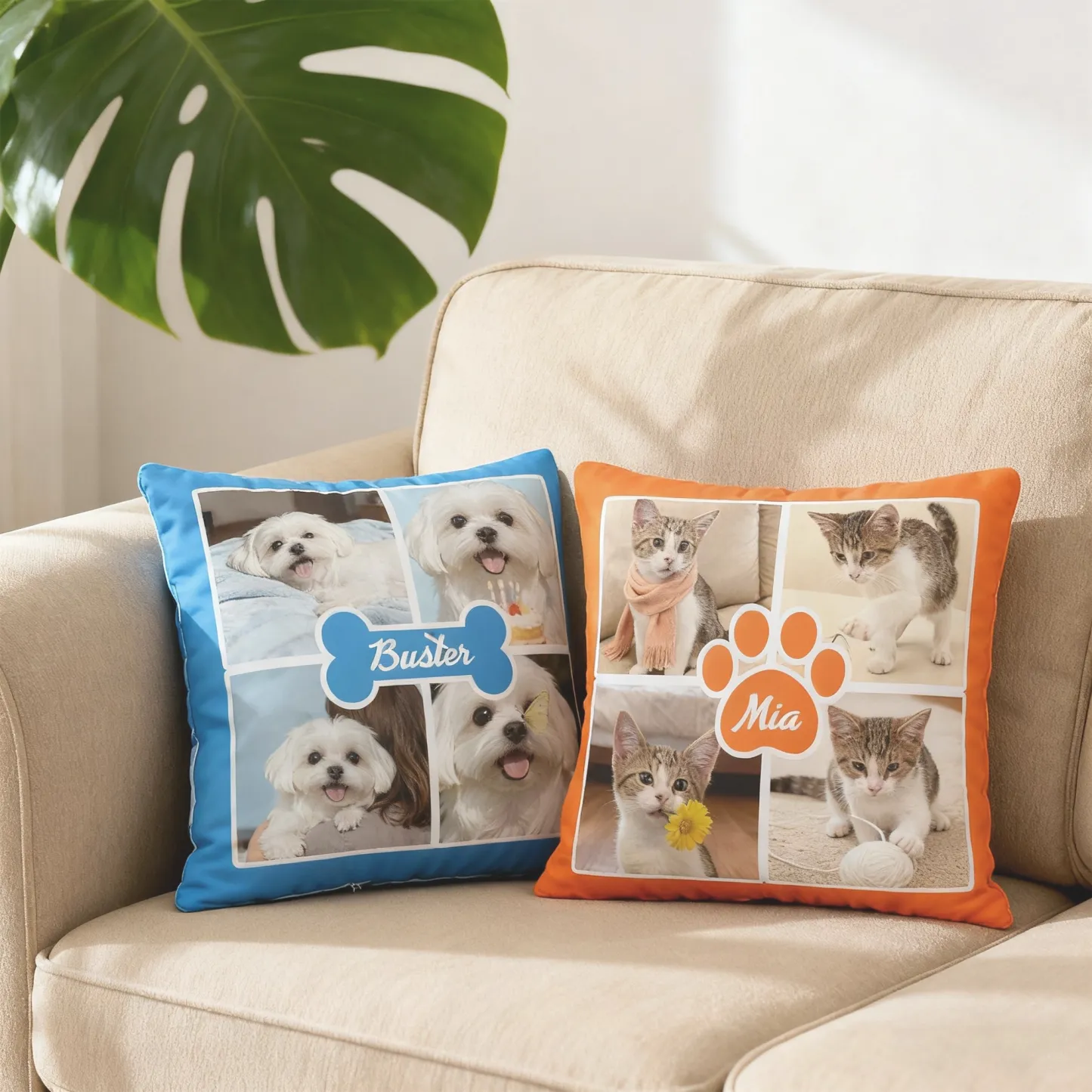 Custom 4-Grid Collage Pet Photo Throw Pillow with Name