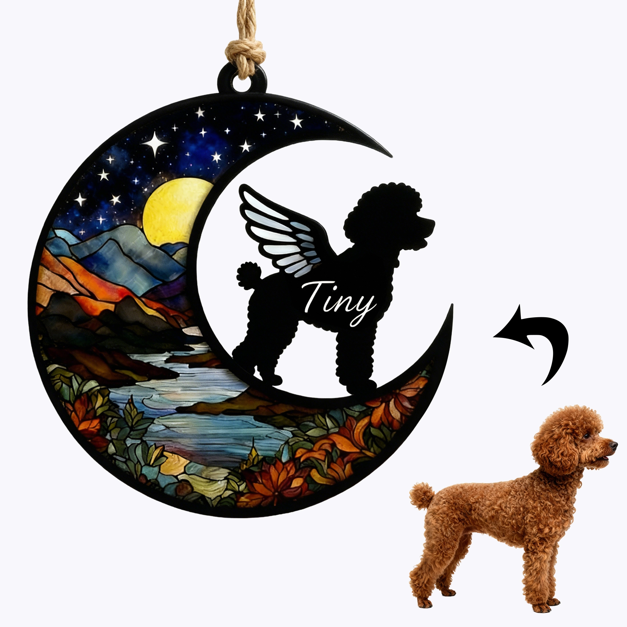 Custom Pet Silhouette with Name Moon Pattern Memorial Suncatcher