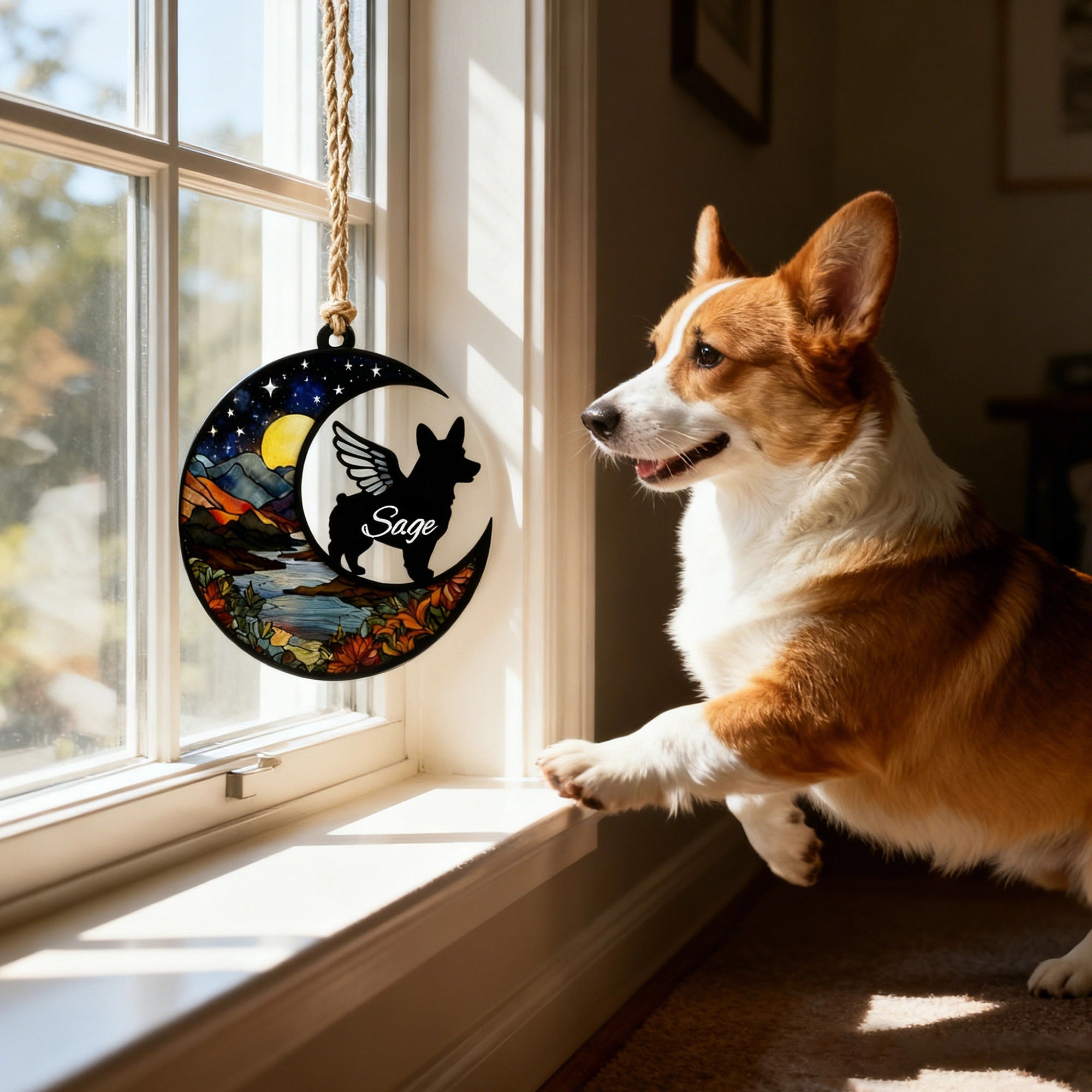 Custom Pet Silhouette with Name Moon Pattern Memorial Suncatcher