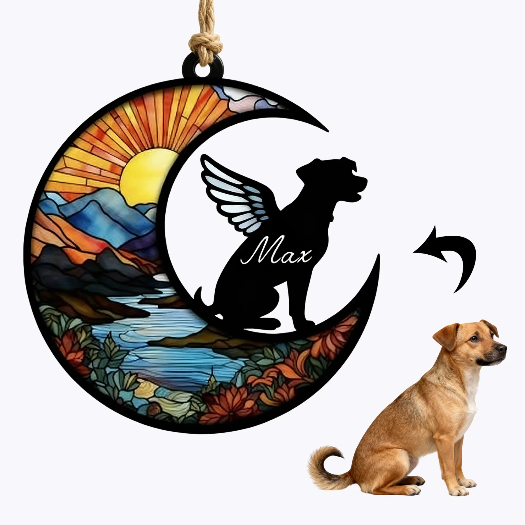 Custom Pet Silhouette with Name Sun Pattern Memorial Suncatcher
