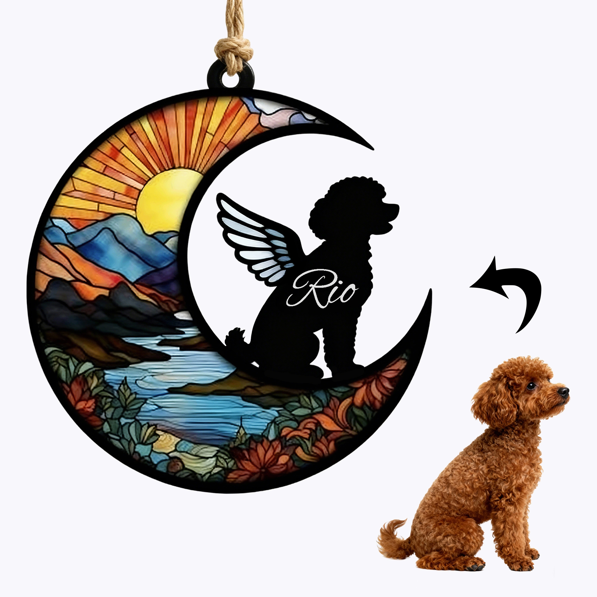 Custom Pet Silhouette with Name Sun Pattern Memorial Suncatcher