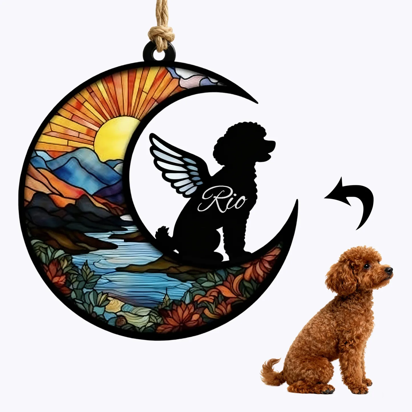 Custom Pet Silhouette with Name Sun Pattern Memorial Suncatcher
