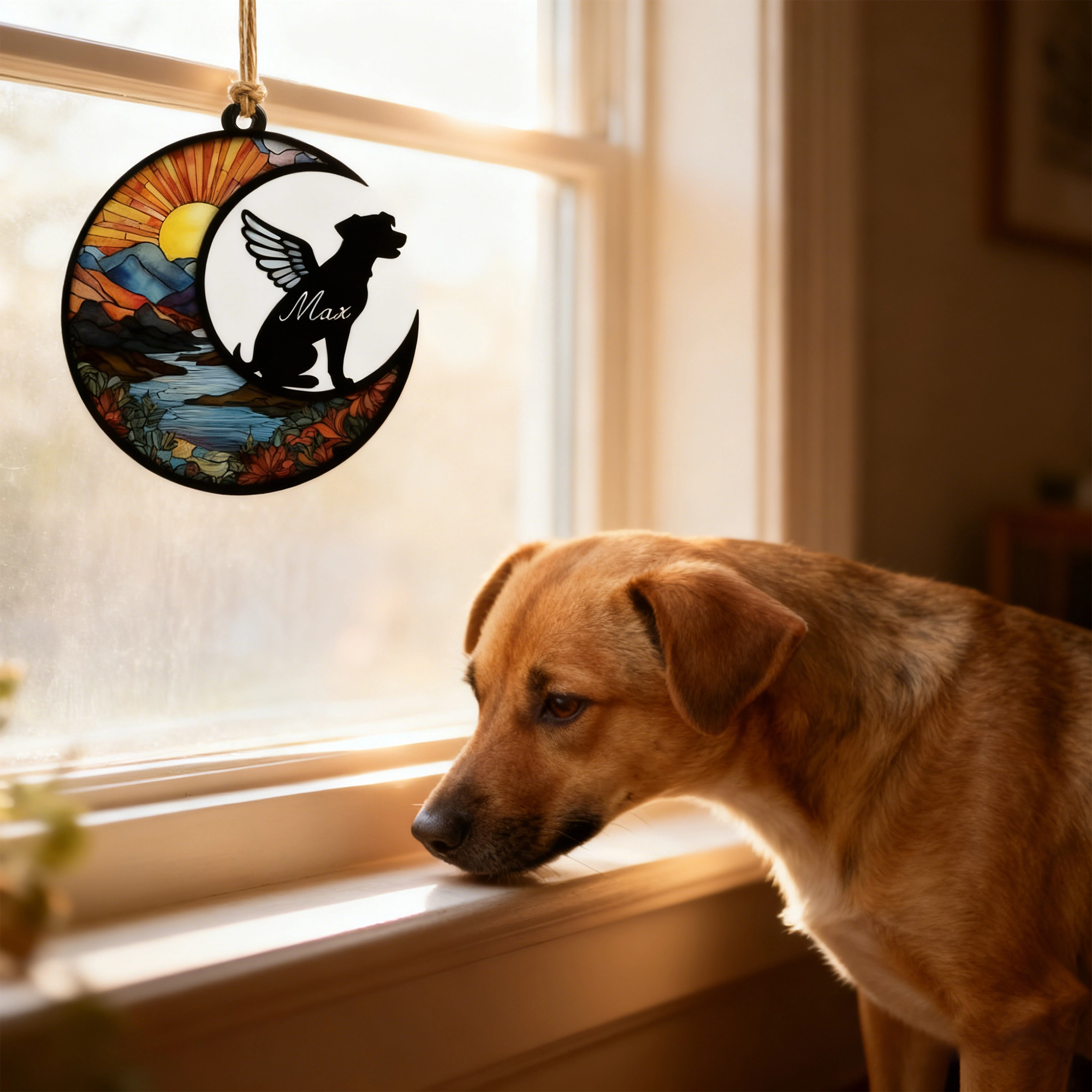 Custom Pet Silhouette with Name Sun Pattern Memorial Suncatcher