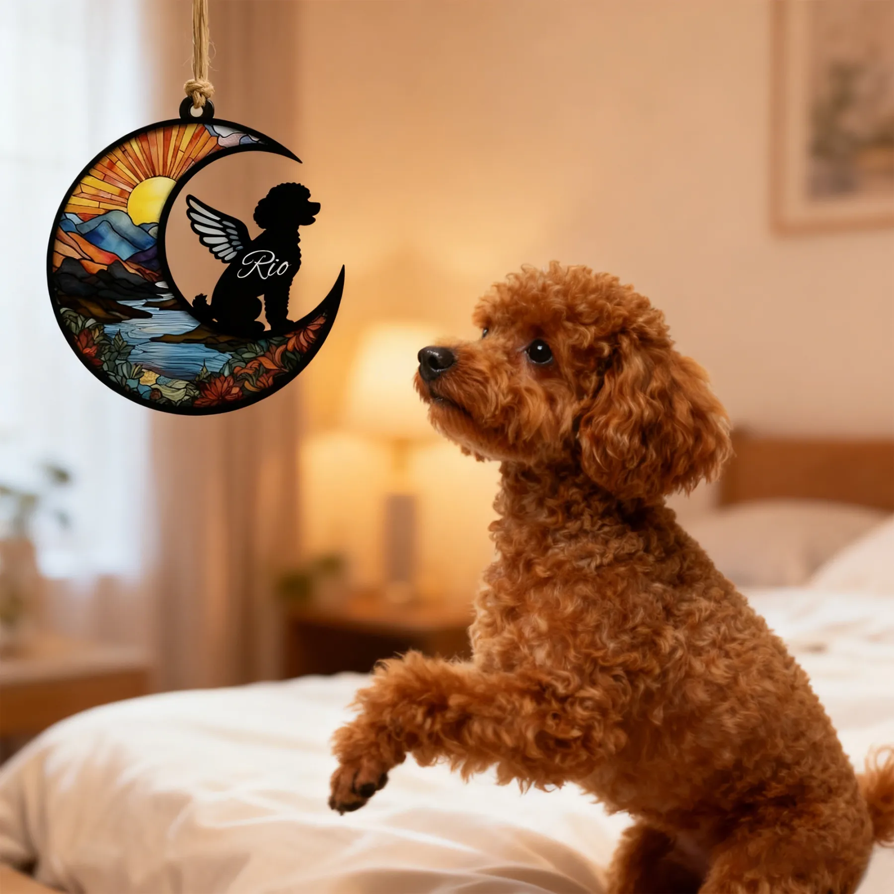 Custom Pet Silhouette with Name Sun Pattern Memorial Suncatcher