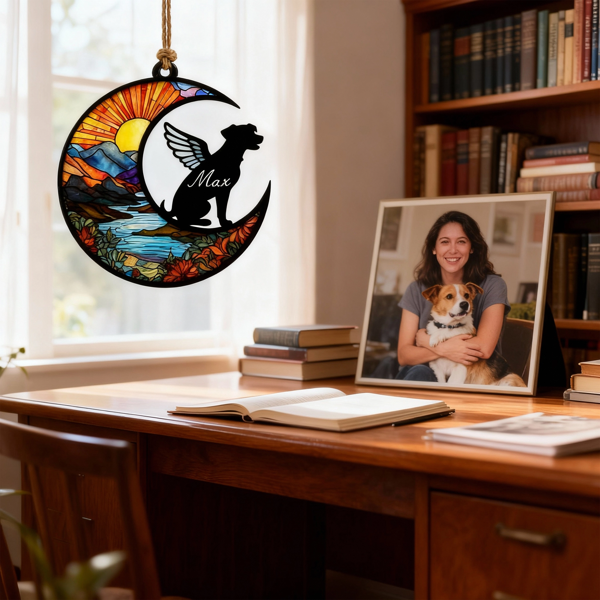 Custom Pet Silhouette with Name Sun Pattern Memorial Suncatcher