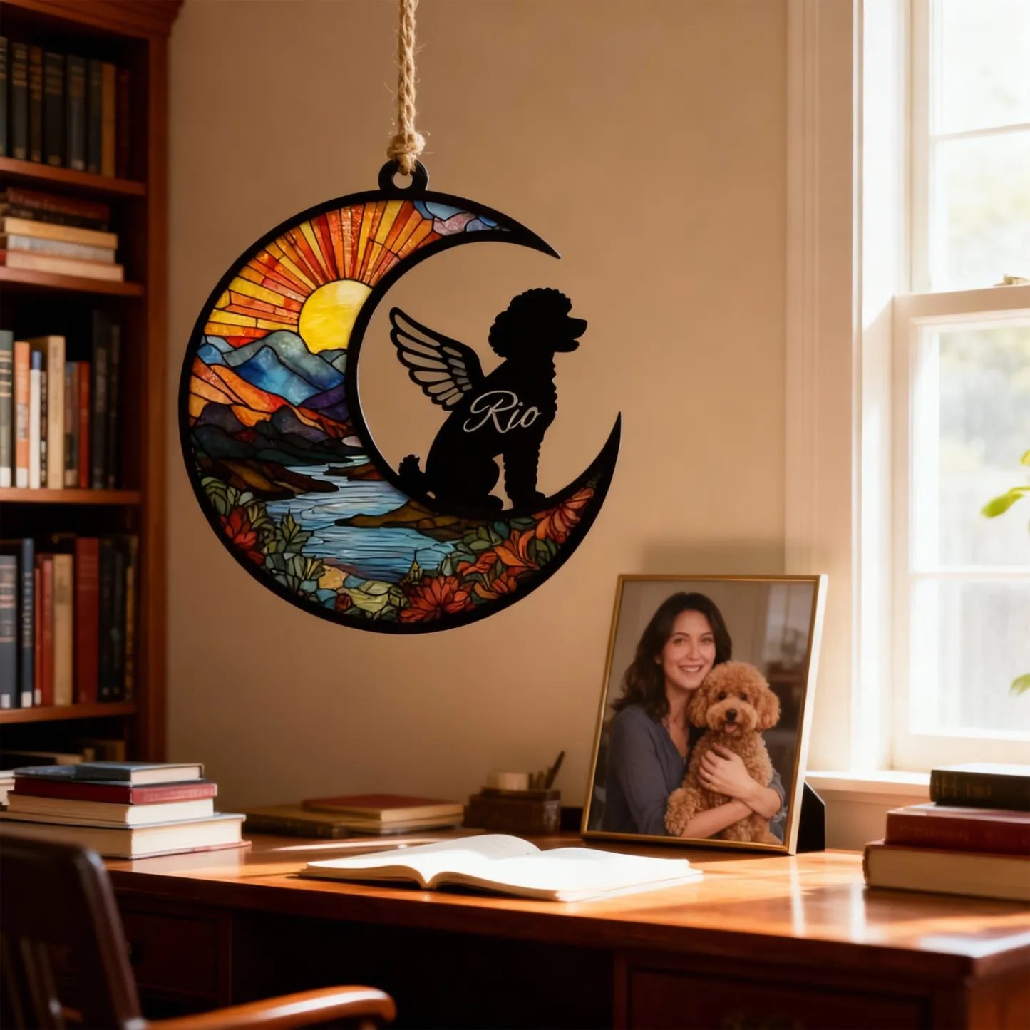 Custom Pet Silhouette with Name Sun Pattern Memorial Suncatcher