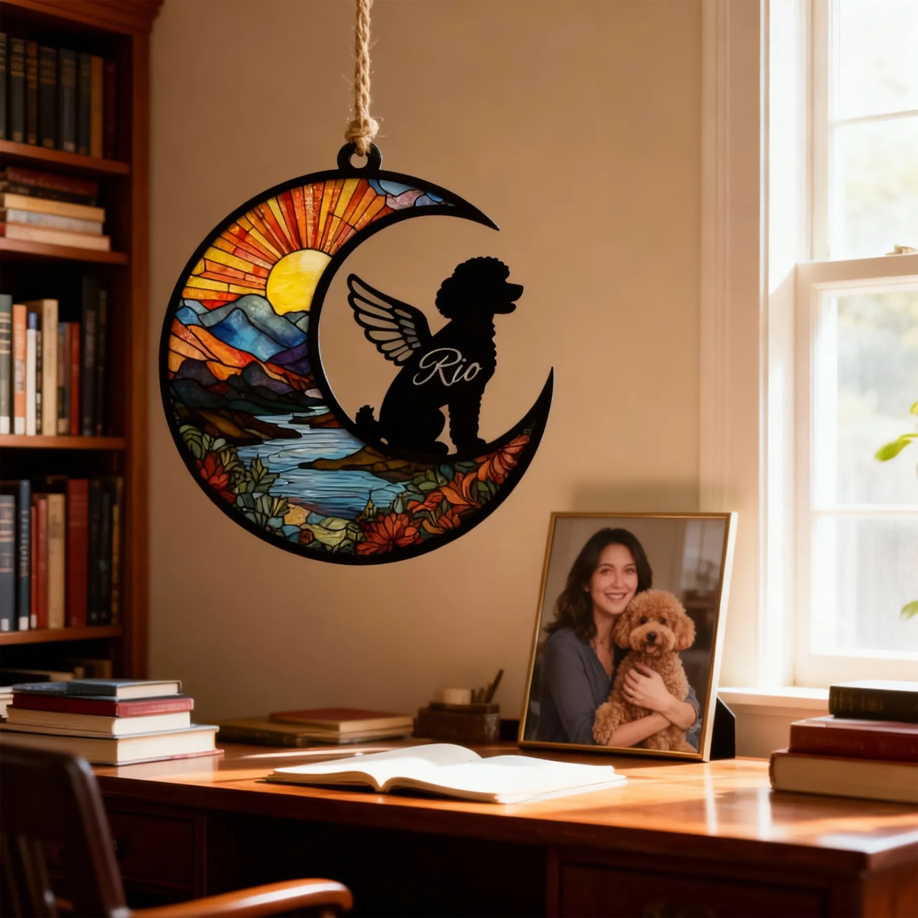 Custom Pet Silhouette with Name Sun Pattern Memorial Suncatcher