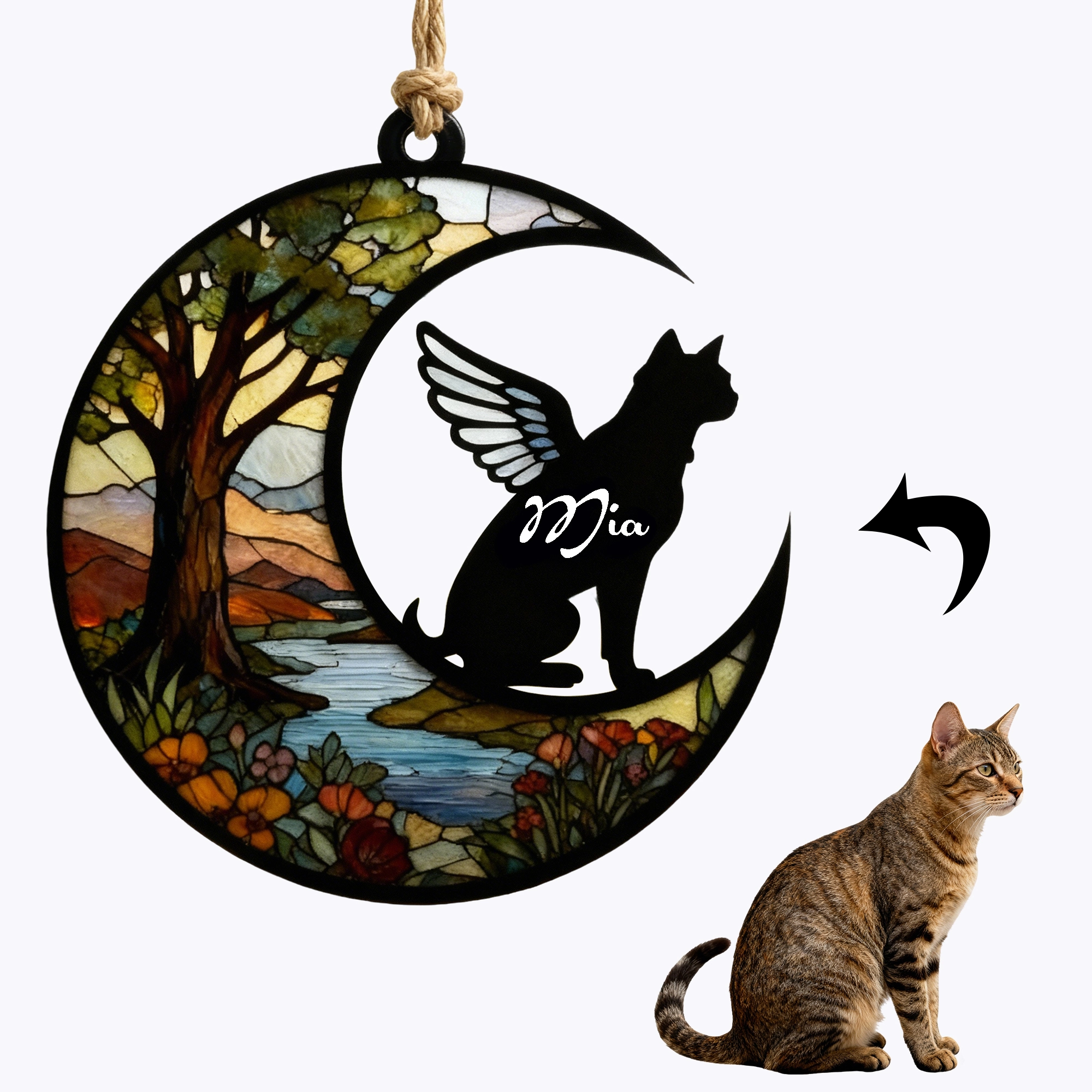 Custom Pet Silhouette with Name Fall Tree Pattern Memorial Suncatcher