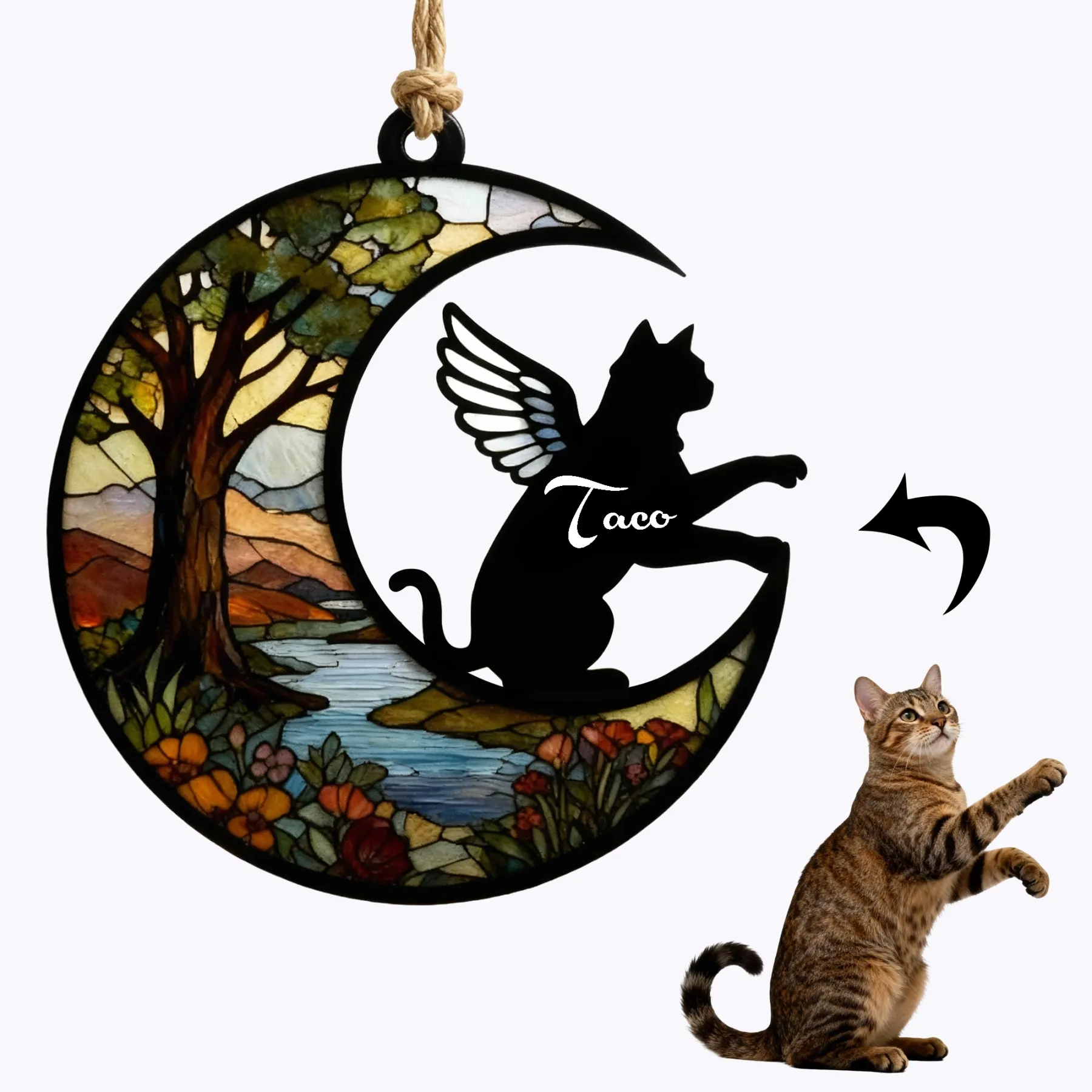 Custom Pet Silhouette with Name Fall Tree Pattern Memorial Suncatcher