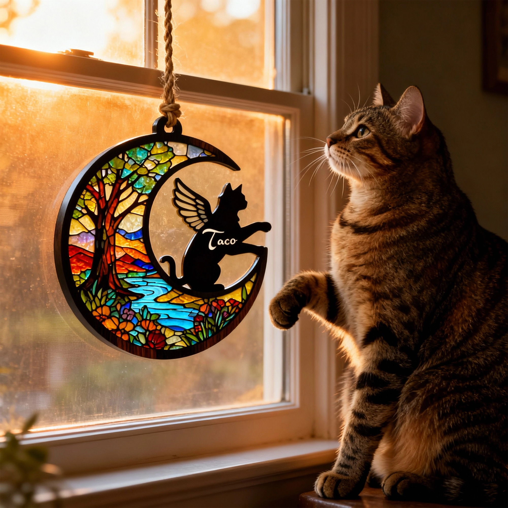 Custom Pet Silhouette with Name Fall Tree Pattern Memorial Suncatcher