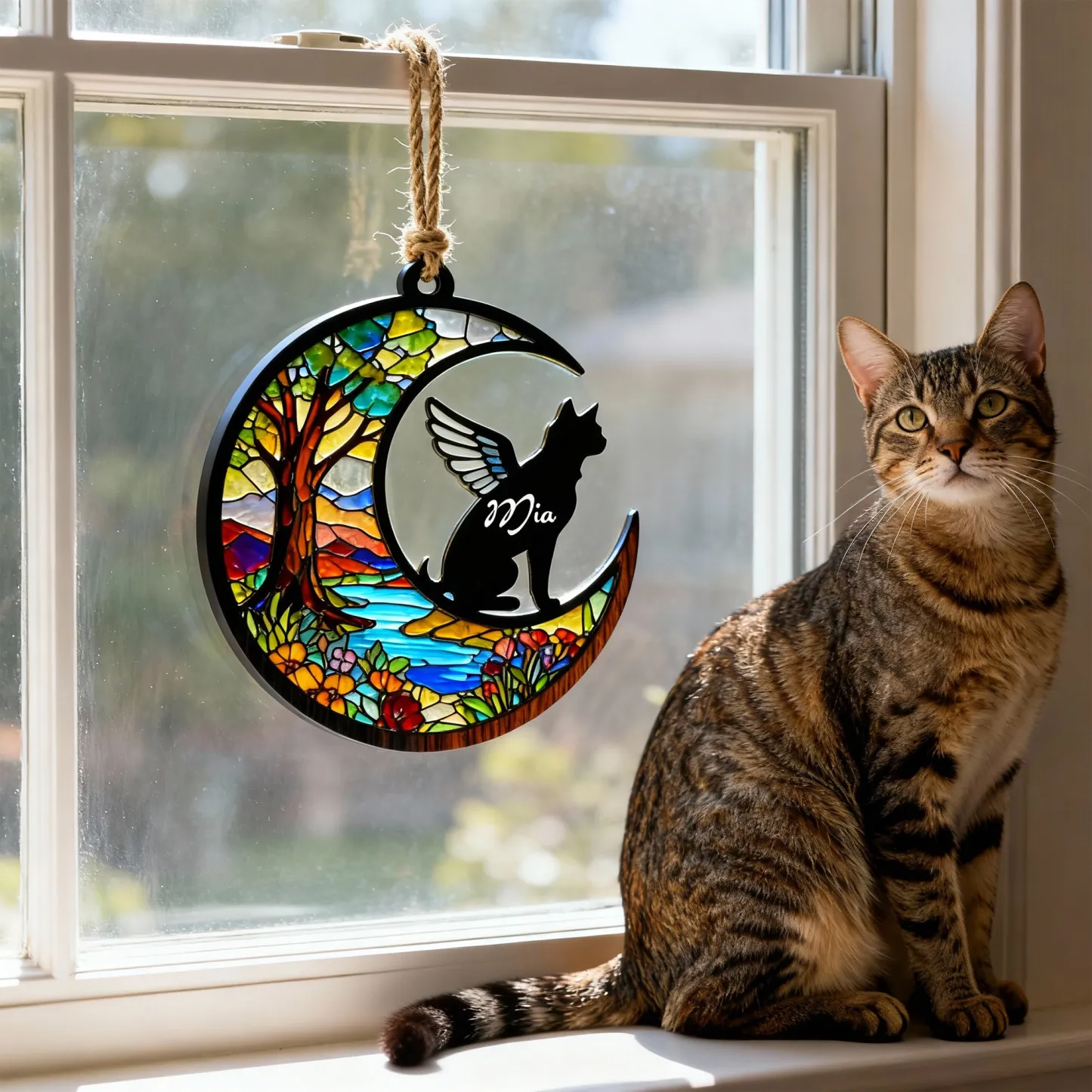Custom Pet Silhouette with Name Fall Tree Pattern Memorial Suncatcher