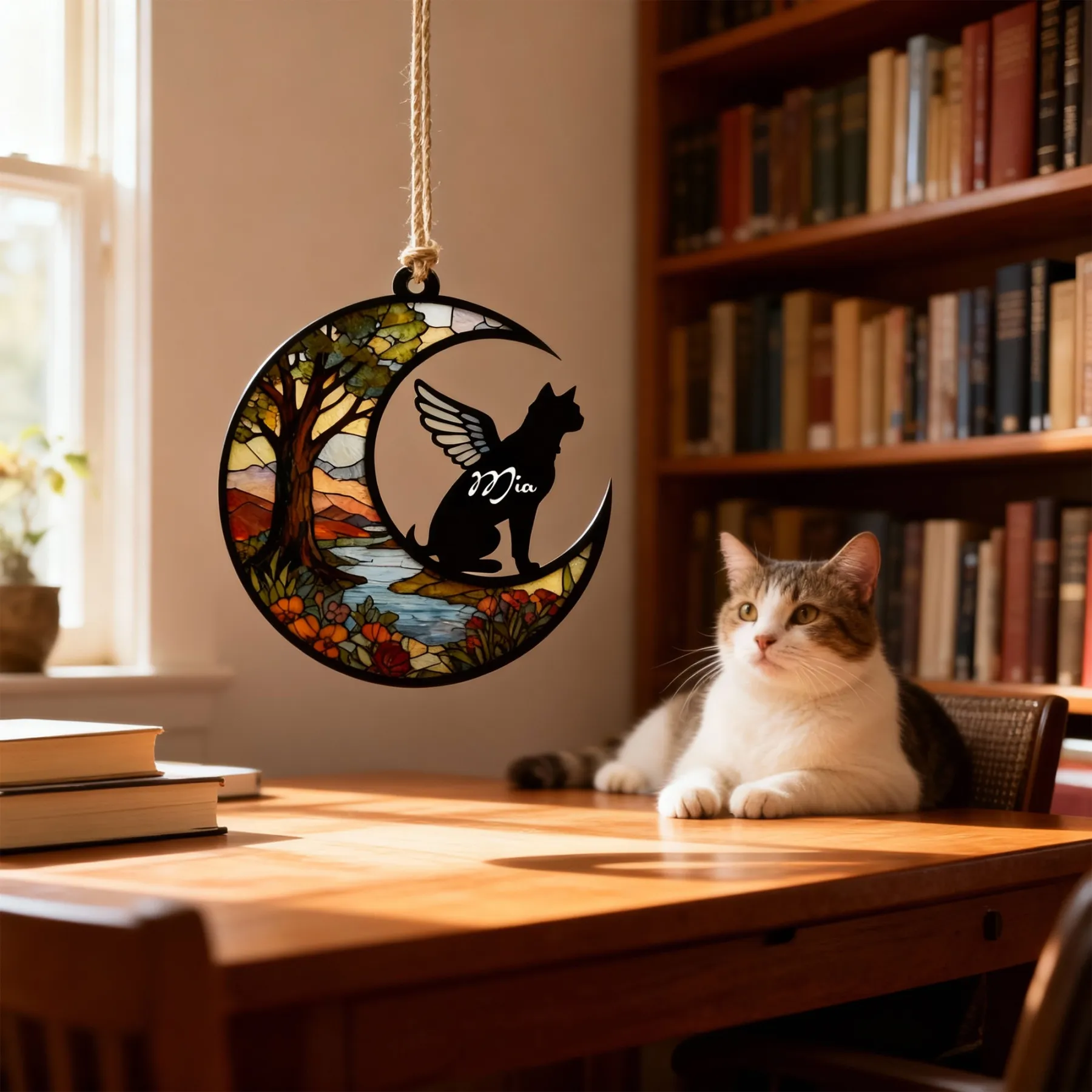 Custom Pet Silhouette with Name Fall Tree Pattern Memorial Suncatcher