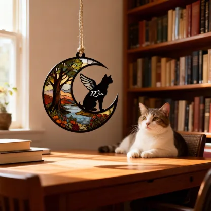 Custom Pet Silhouette with Name Fall Tree Pattern Memorial Suncatcher