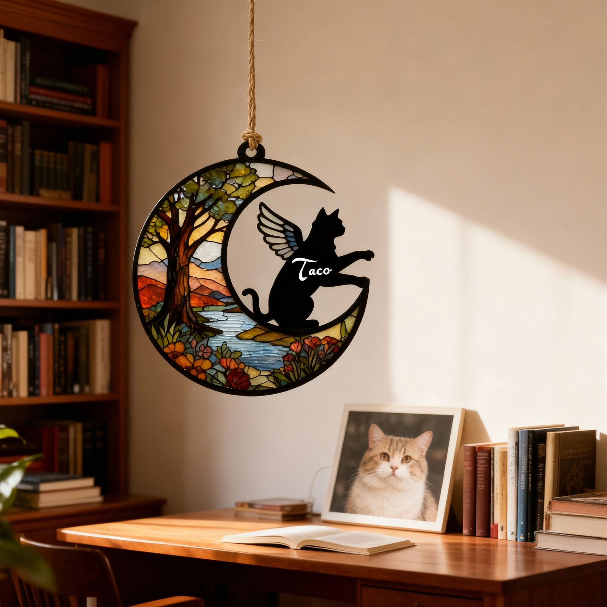 Custom Pet Silhouette with Name Fall Tree Pattern Memorial Suncatcher