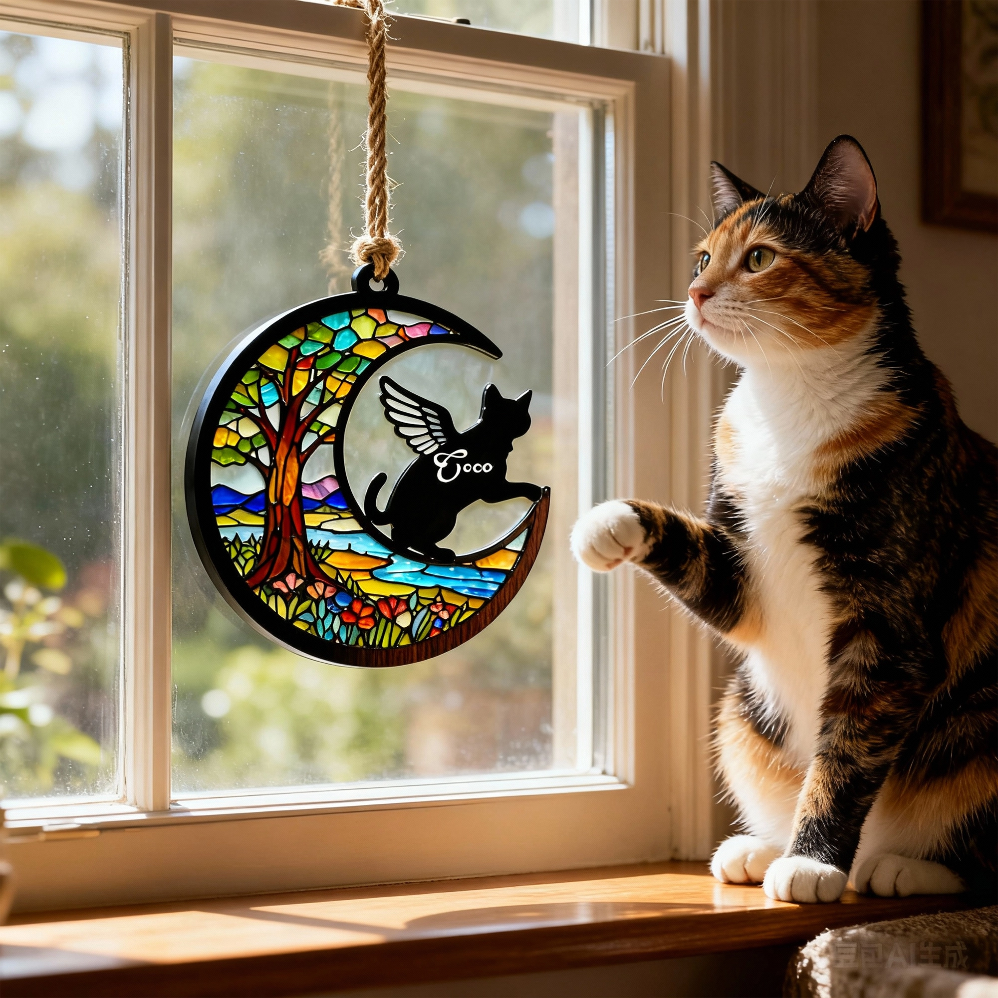 Custom Pet Silhouette with Name Tree Pattern Memorial Suncatcher