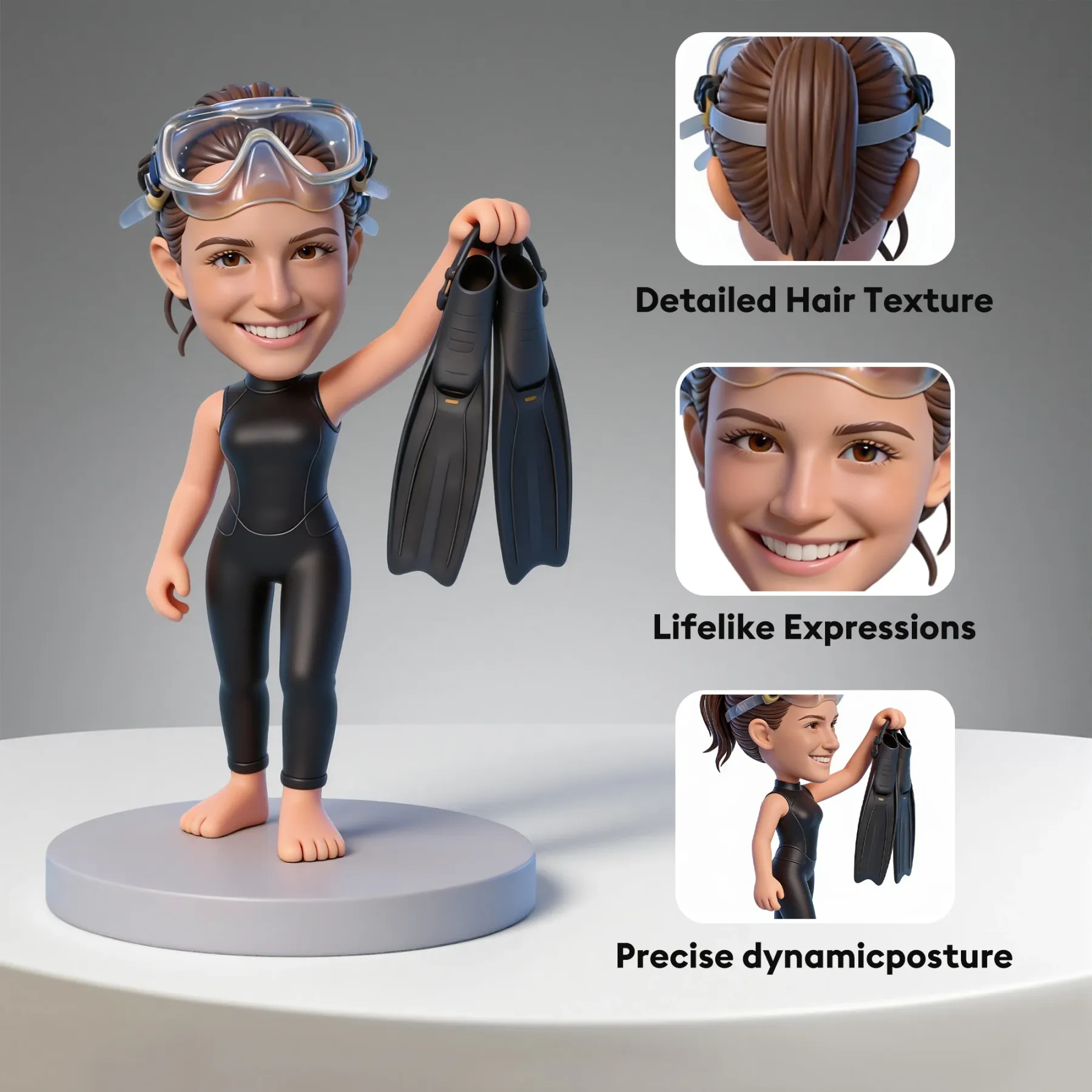 Custom Diver Highly Realistic Full-Color 3D Printed Chibi Figurine for Diving Enthusiast