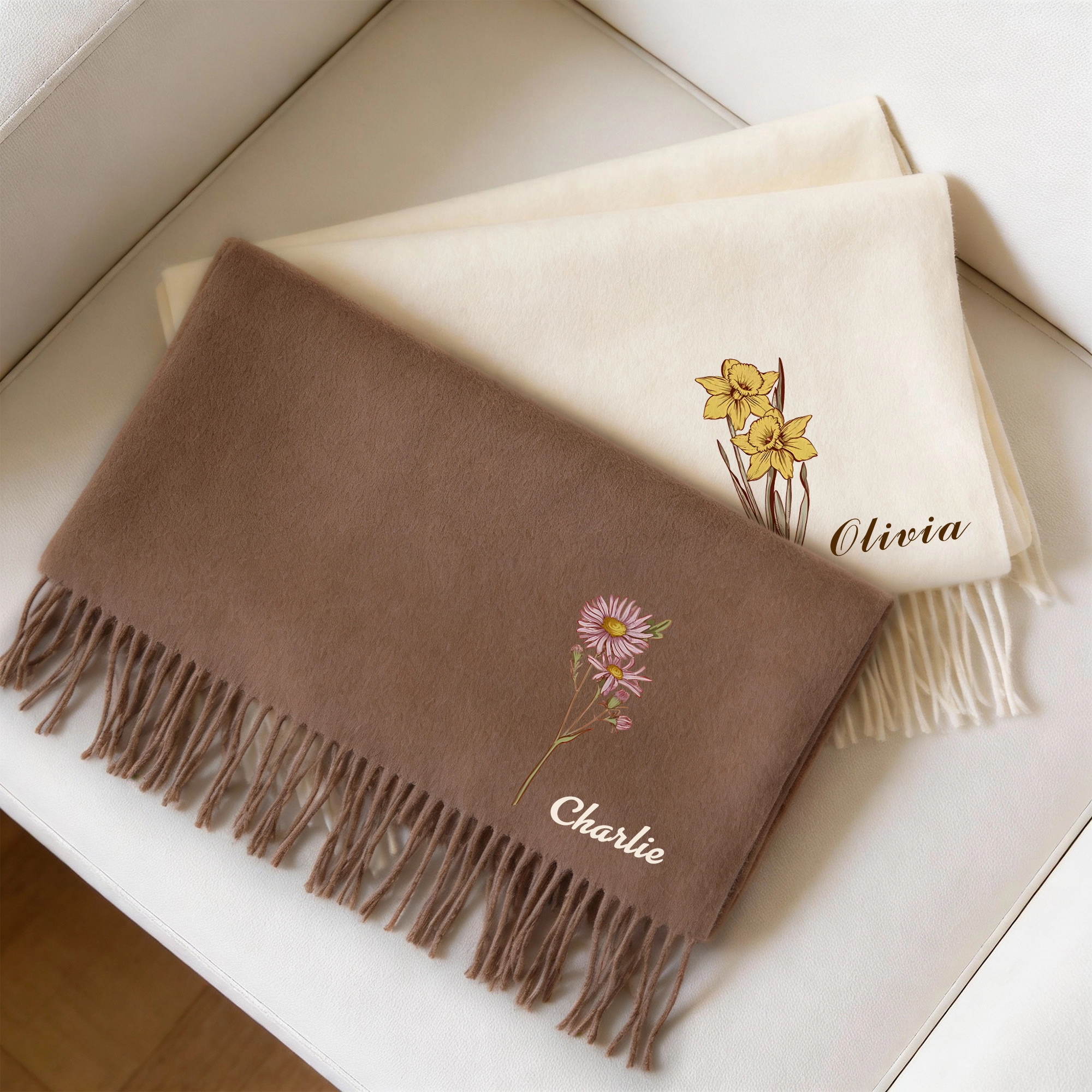 Custom Birth Flower Warm Tassel Scarf with Name