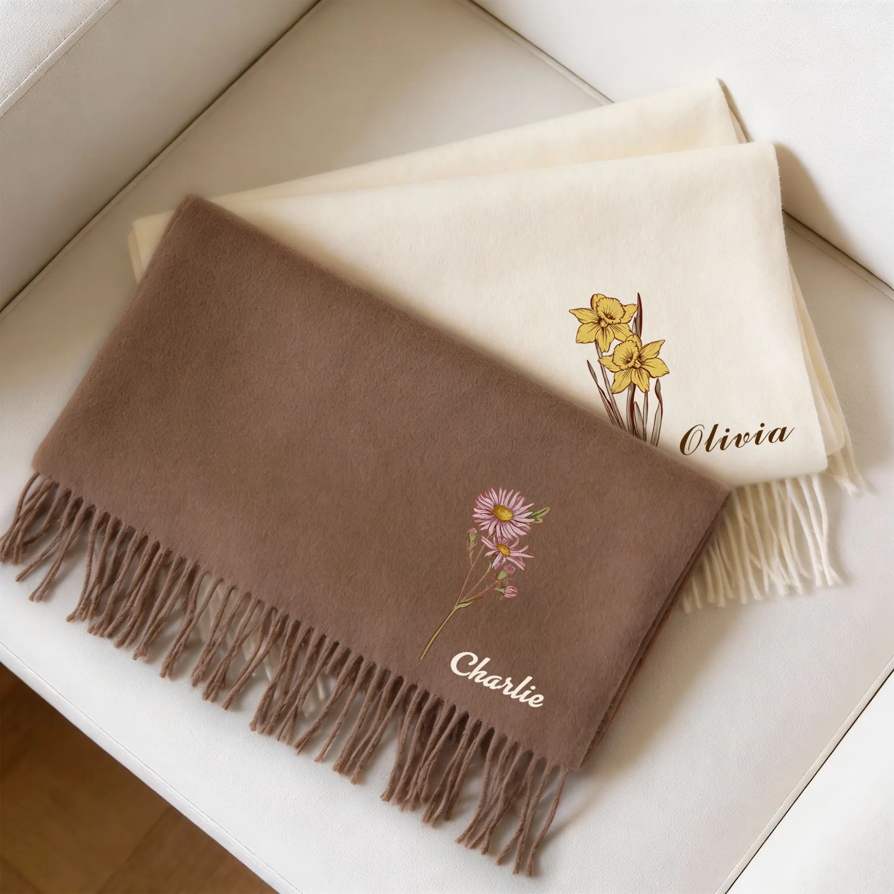Custom Birth Flower Warm Tassel Scarf with Name
