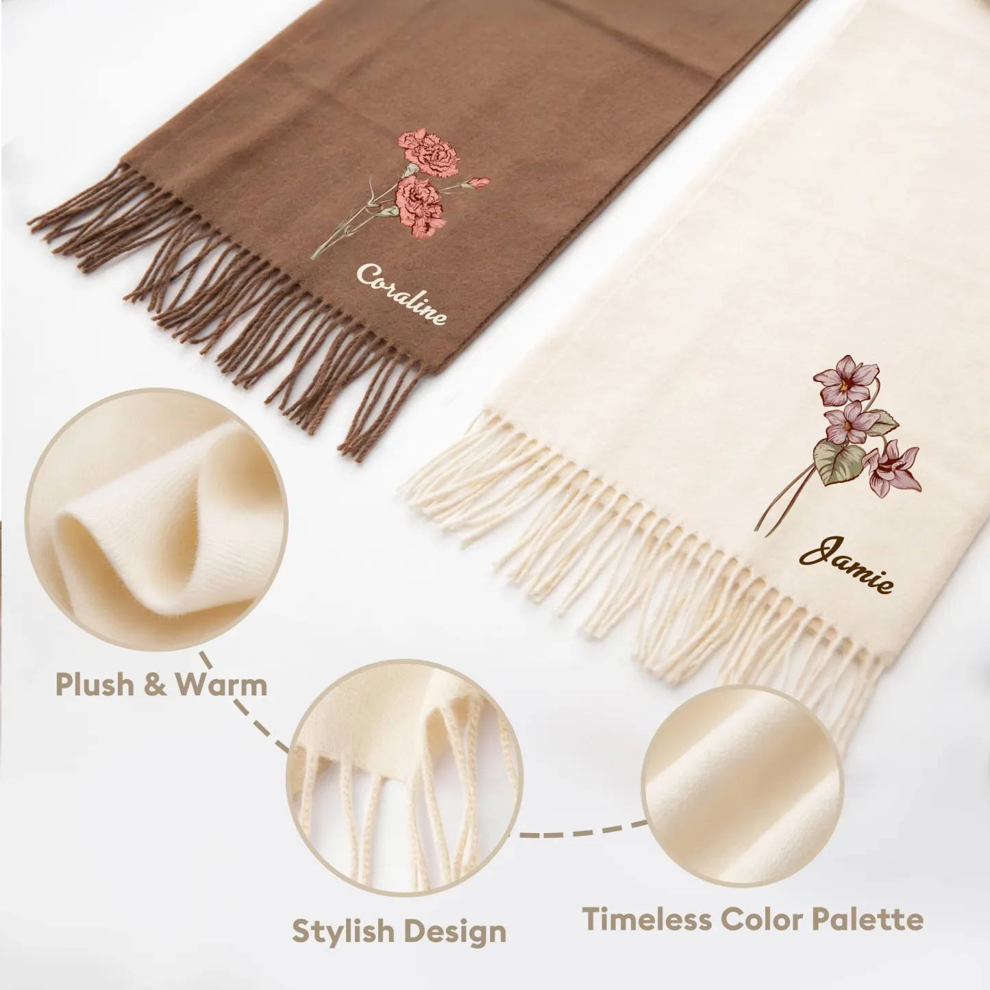 Custom Birth Flower Warm Tassel Scarf with Name