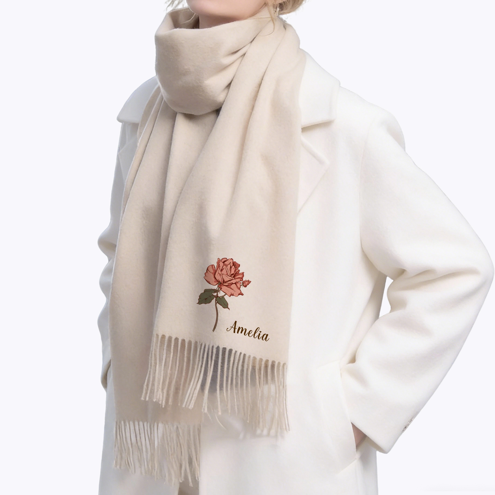 Custom Birth Flower Warm Tassel Scarf with Name