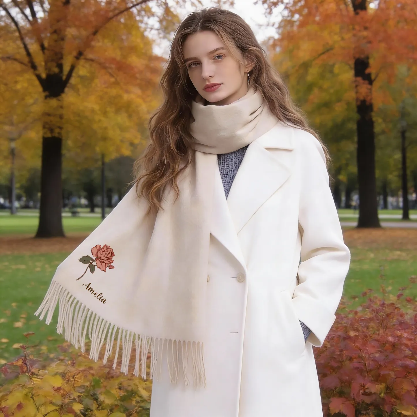 Custom Birth Flower Warm Tassel Scarf with Name