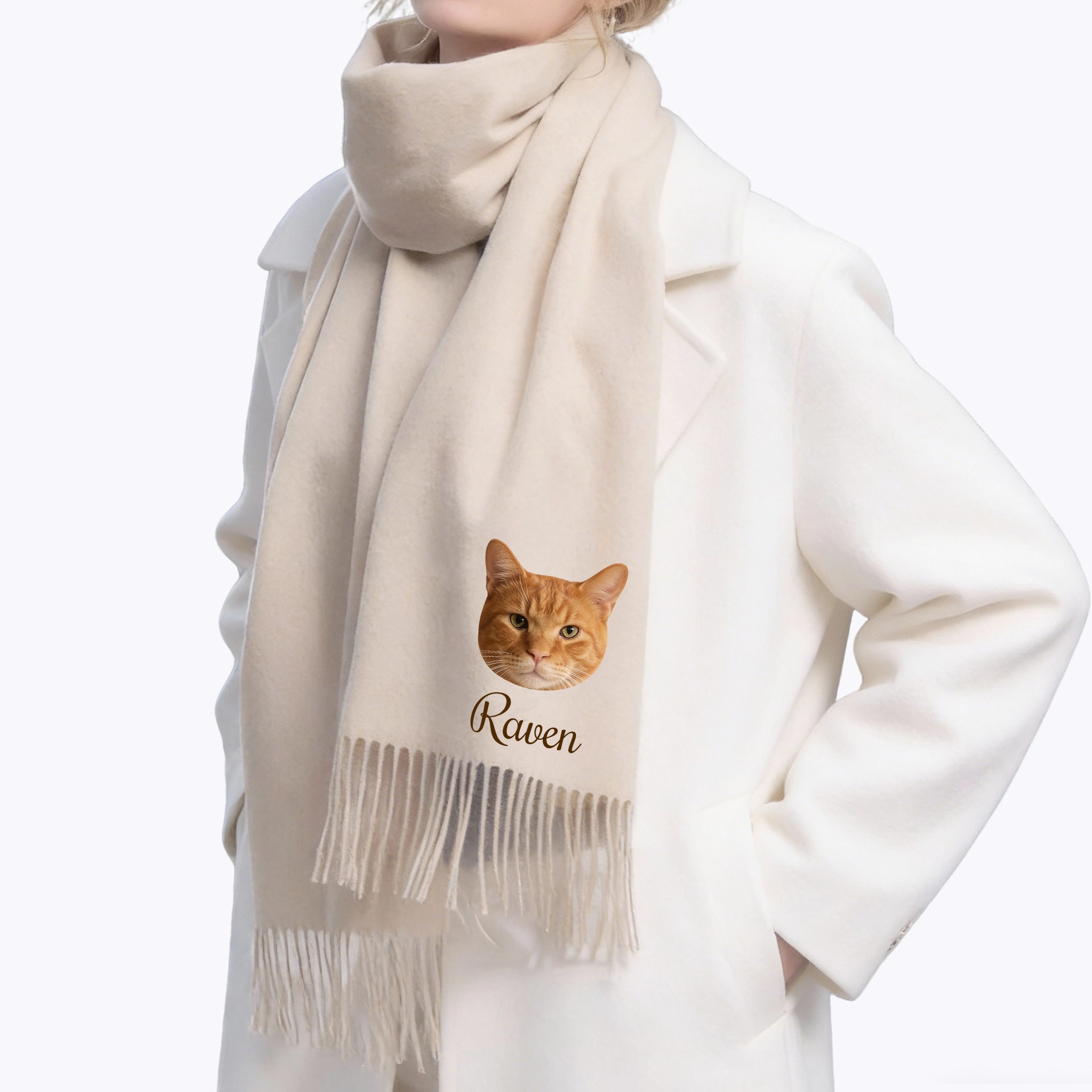 Custom Dog Cat Pet Face Warm Tassel Scarf with Name