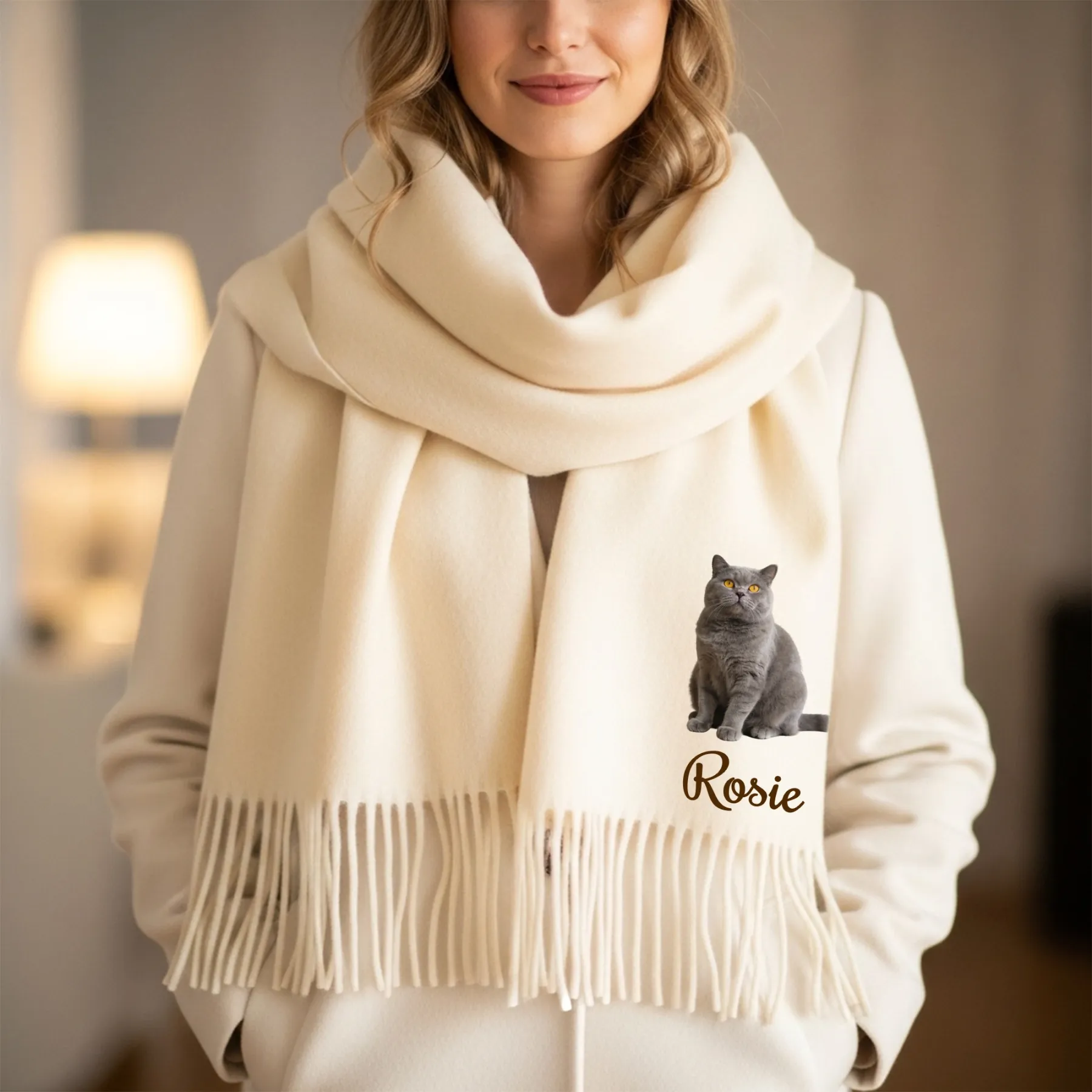 Custom Dog Cat Pet Photo Full Body Warm Tassel Scarf with Name